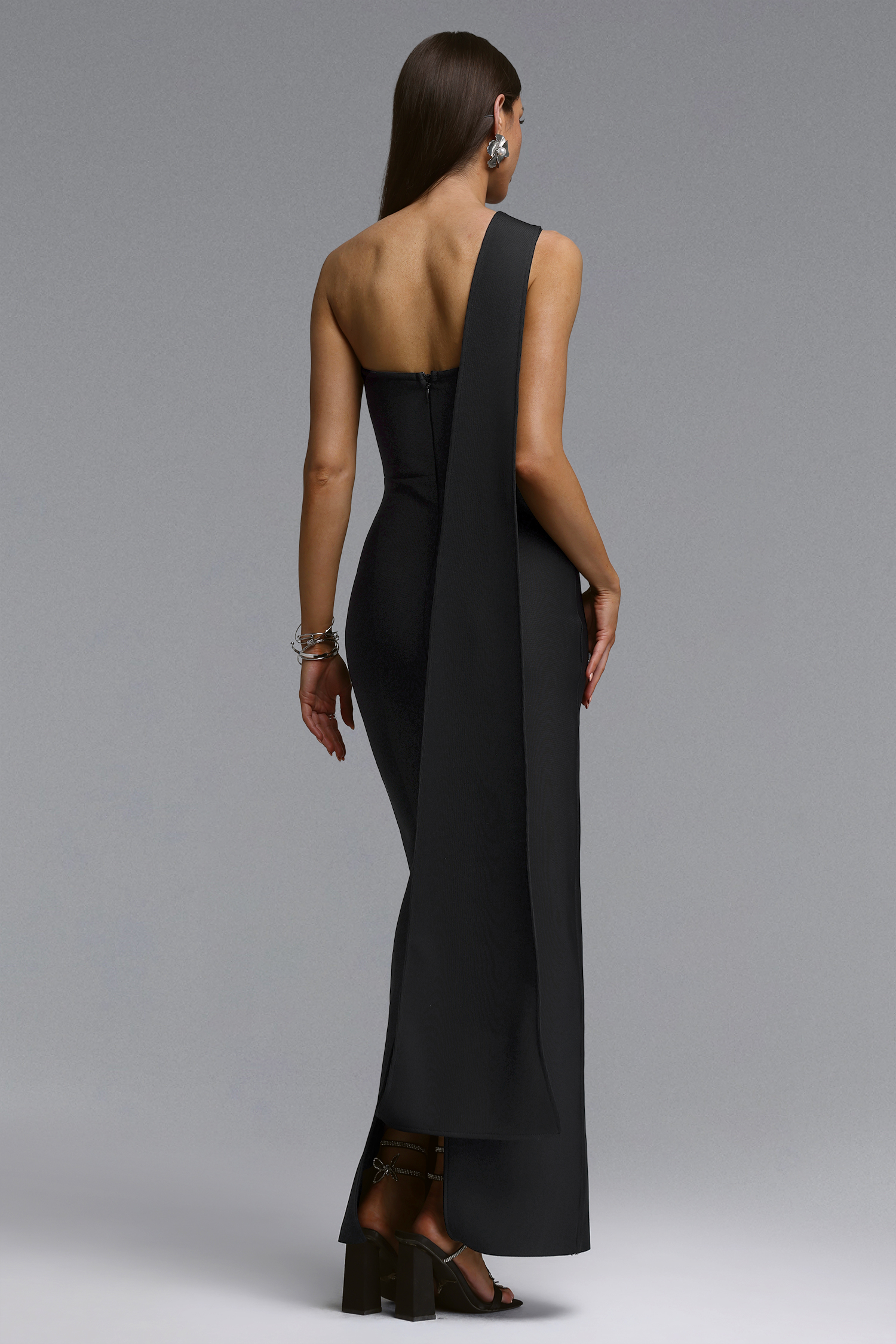 Fritia Elegant Contour One Shoulder Rhinestone Floral Bandage Maxi Dress