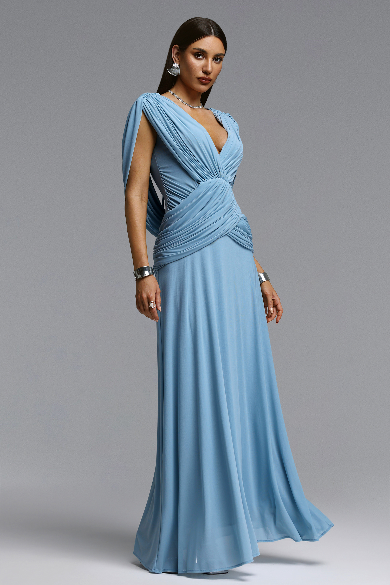 Monroe Elegant Contour V Neck Ruched Maxi Dress