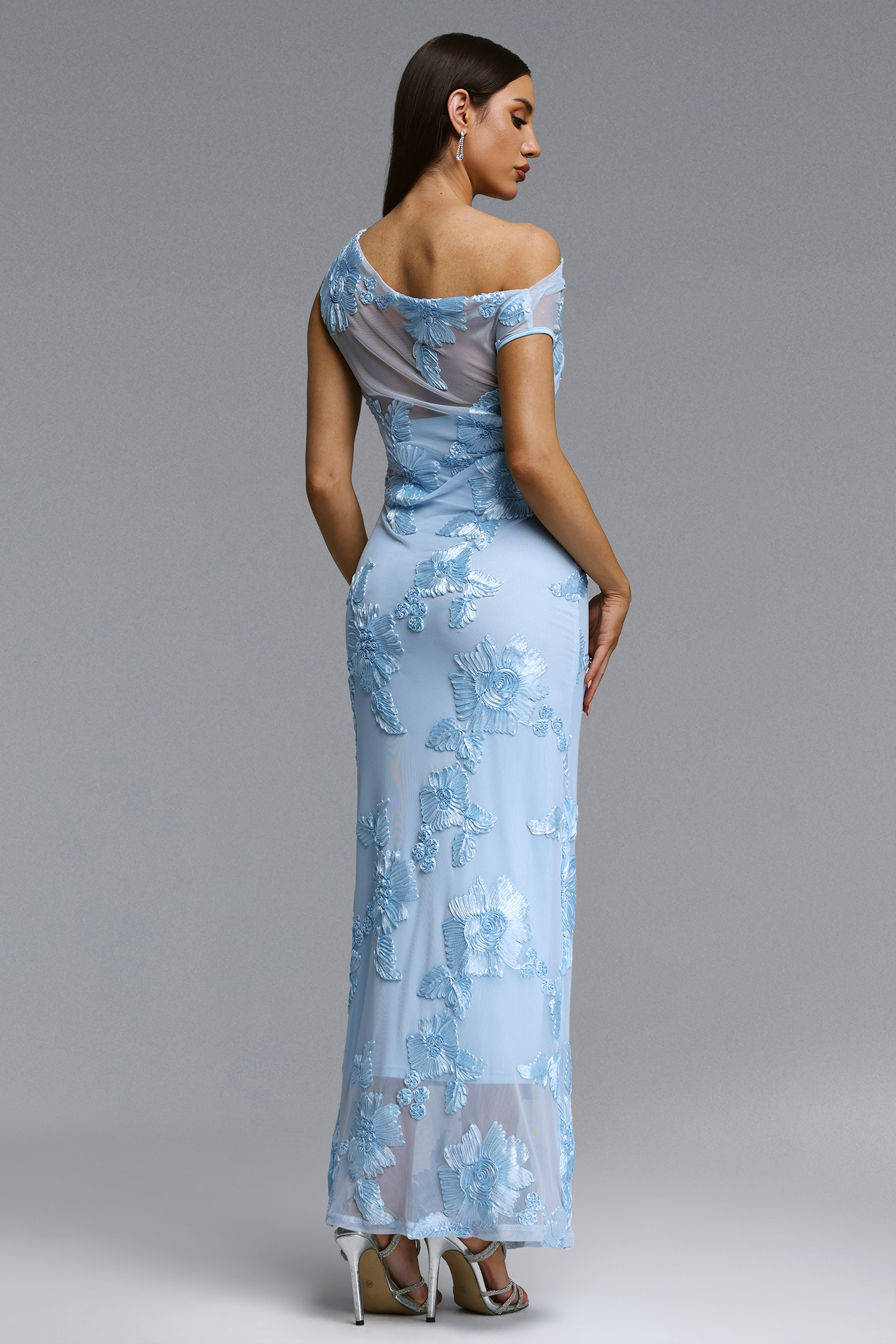 Lucretia Elegant Contour Off Shoulder Asymmetric Floral Lace Maxi Dress