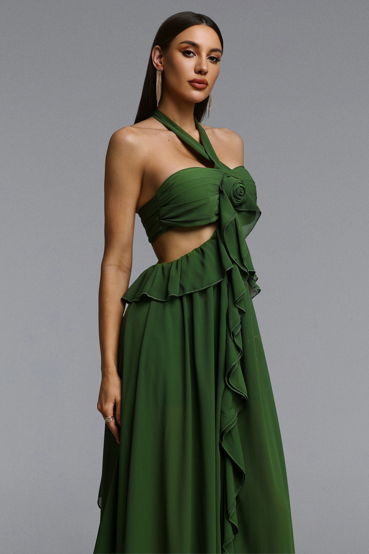 Tryphosa Elegant Flowy Halter Pleated Floral Maxi Dress