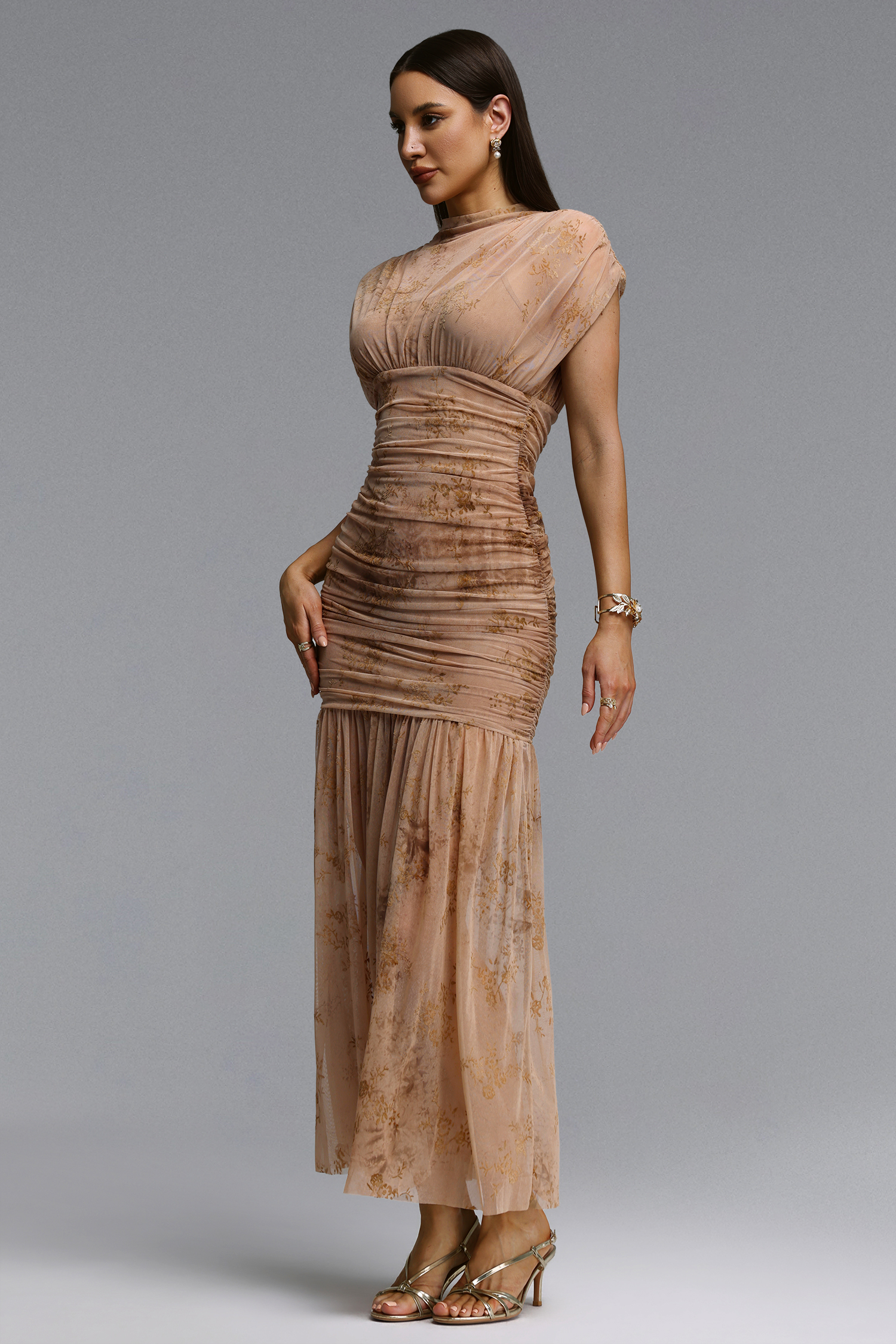 Vocca Romantic Contour Ruched Floral Print Sheer Nude Maxi Dress