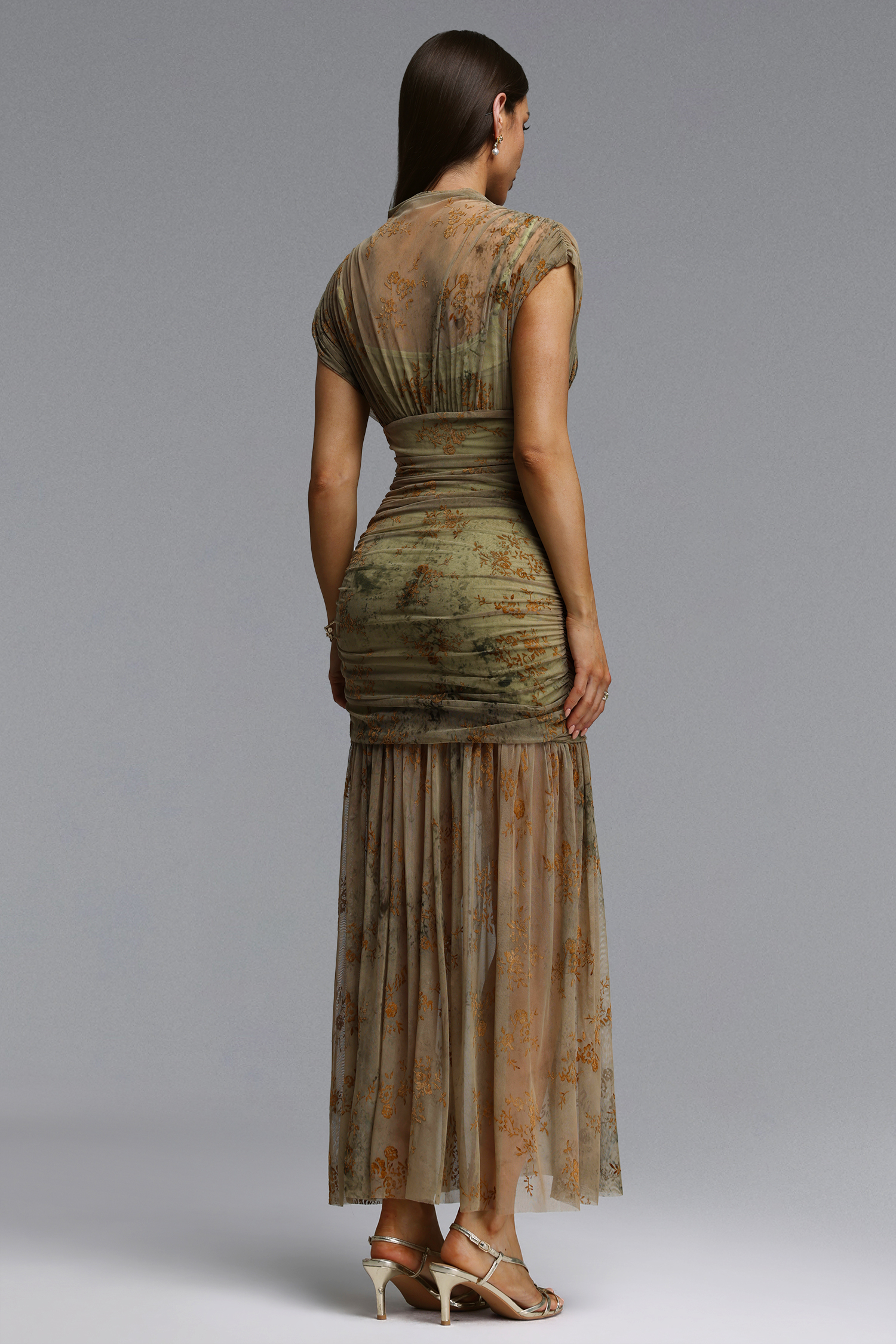 Vocca Romantic Contour Ruched Floral Print Sheer Green Maxi Dress