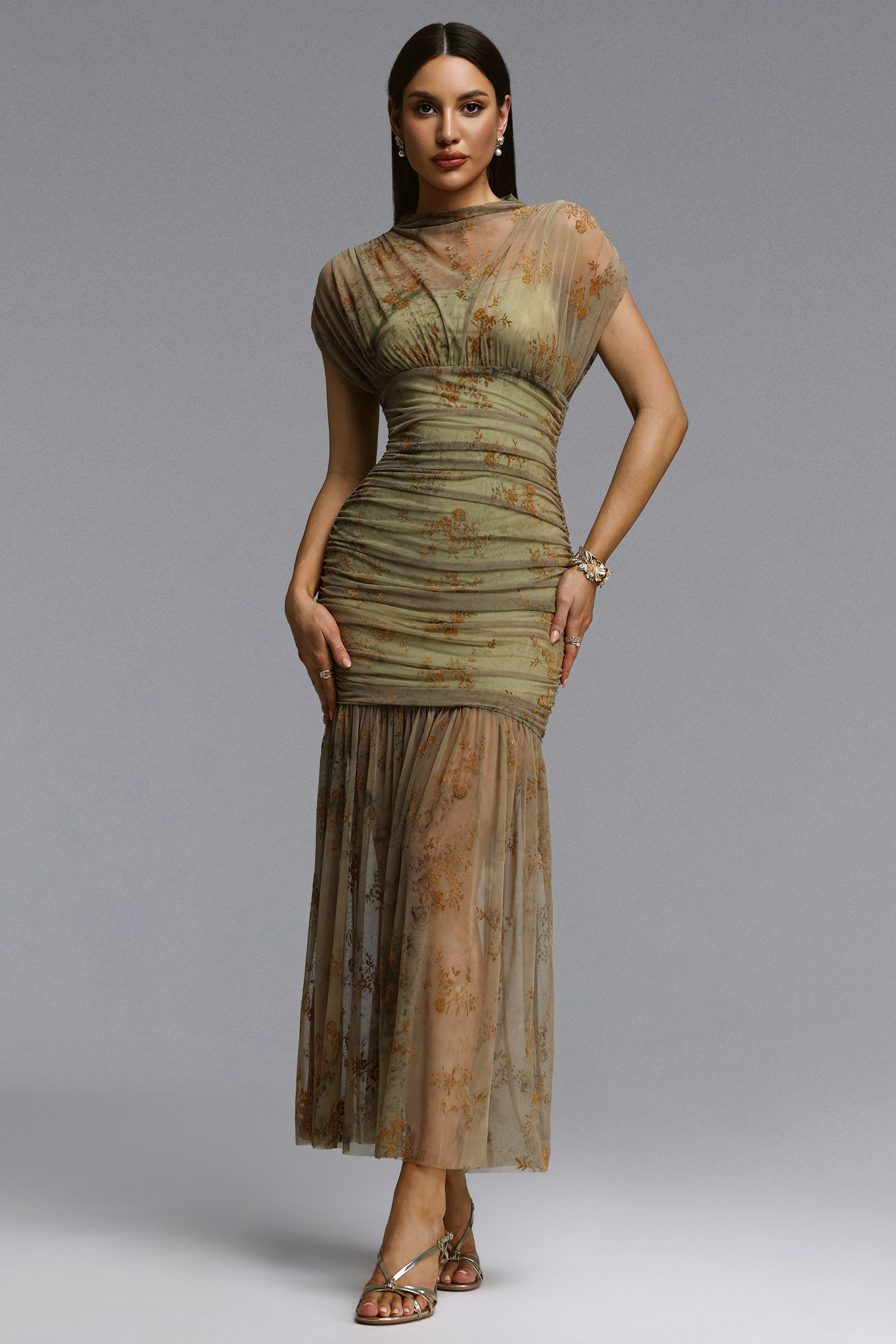 Vocca Romantic Contour Ruched Floral Print Sheer Green Maxi Dress