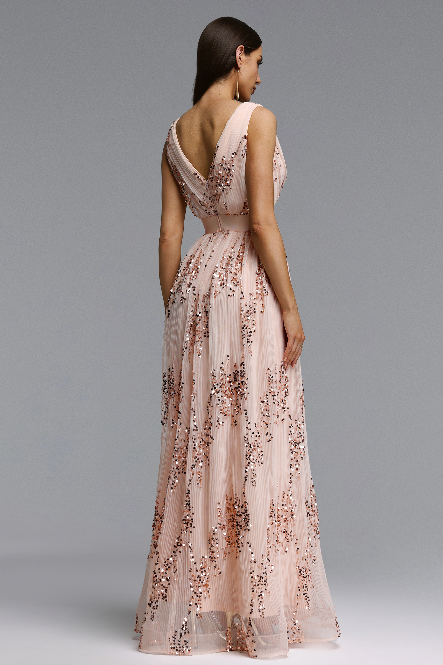 Revie Chic Flowy V Neck Pleated Sequin Maxi Dress