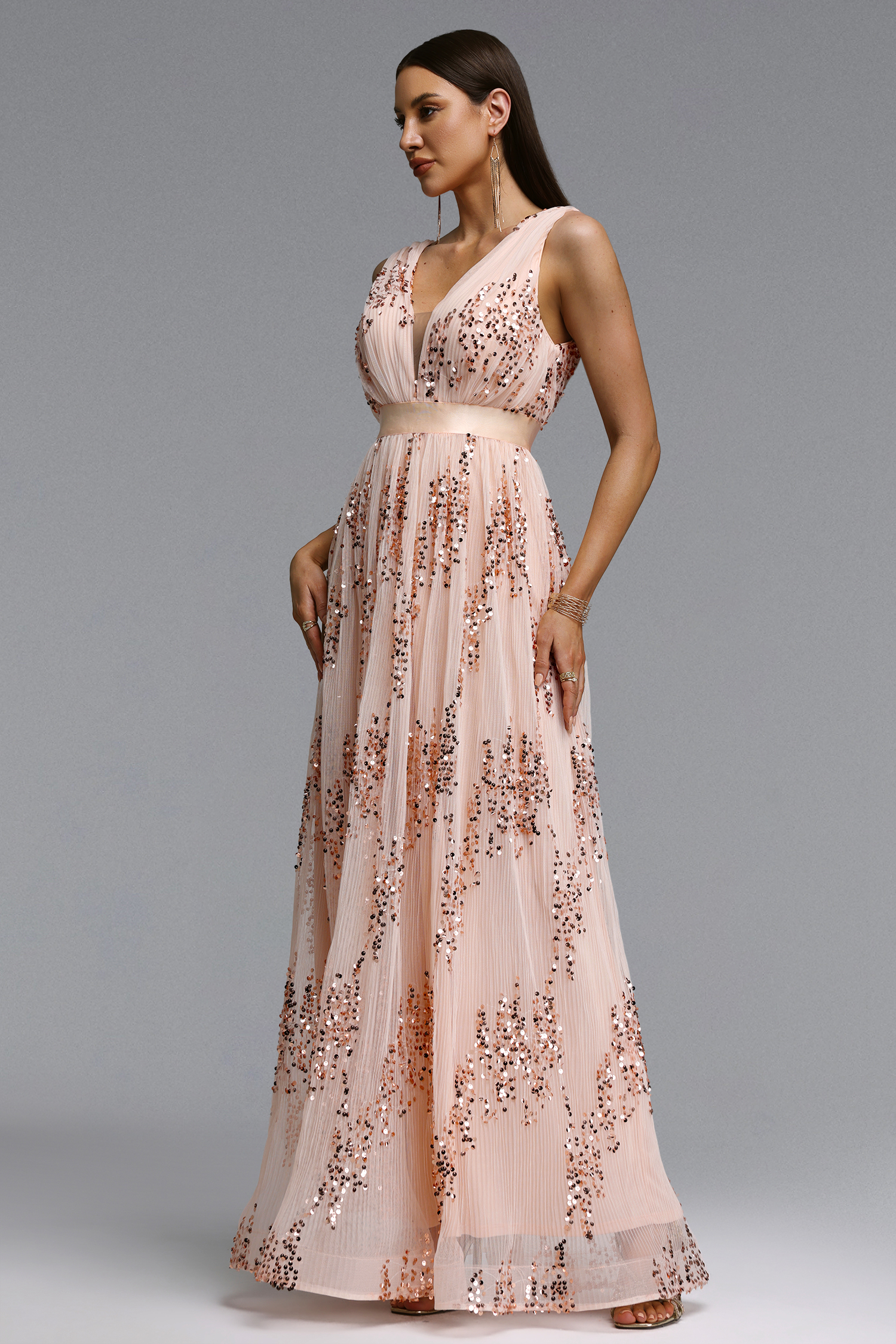 Revie Chic Flowy V Neck Pleated Sequin Maxi Dress