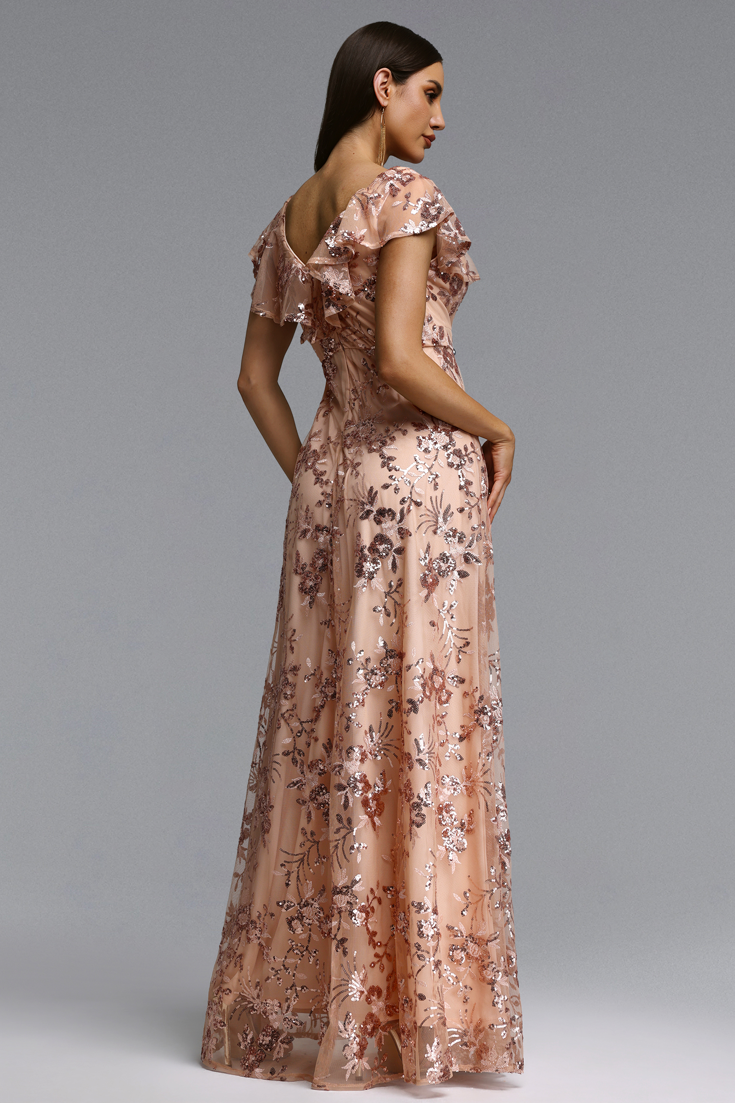 Ona Elegant Flowy V Neck Floral Applique Maxi Dress