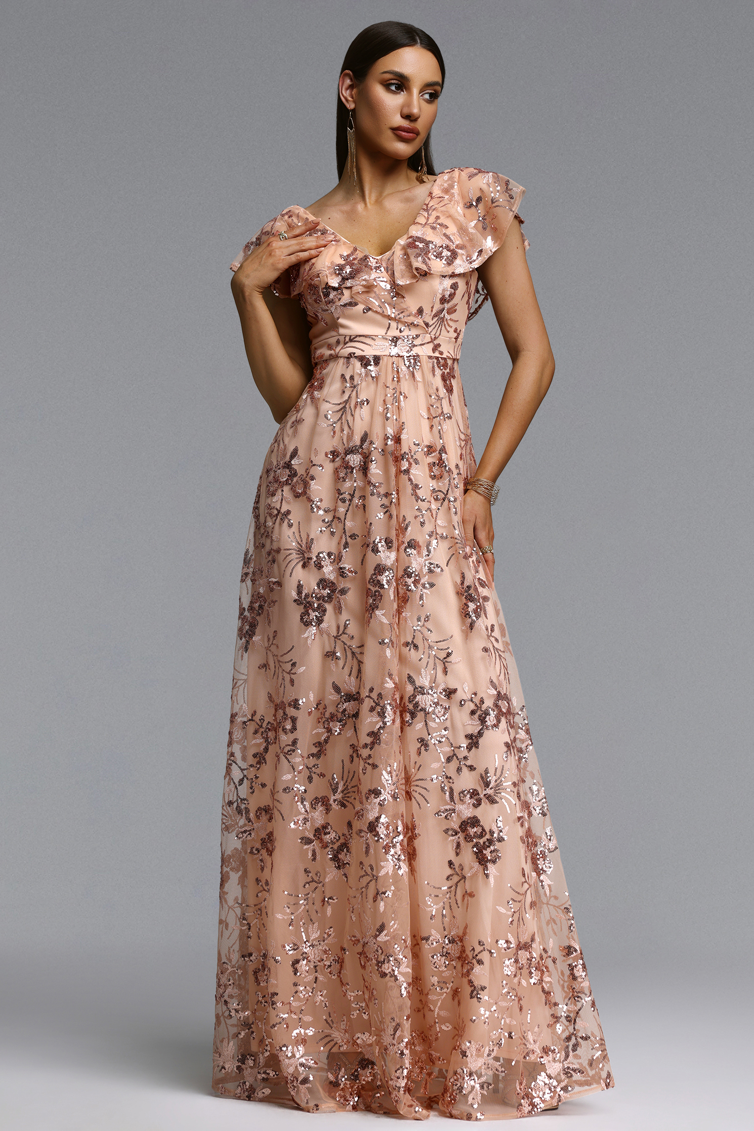 Ona Elegant Flowy V Neck Floral Applique Maxi Dress