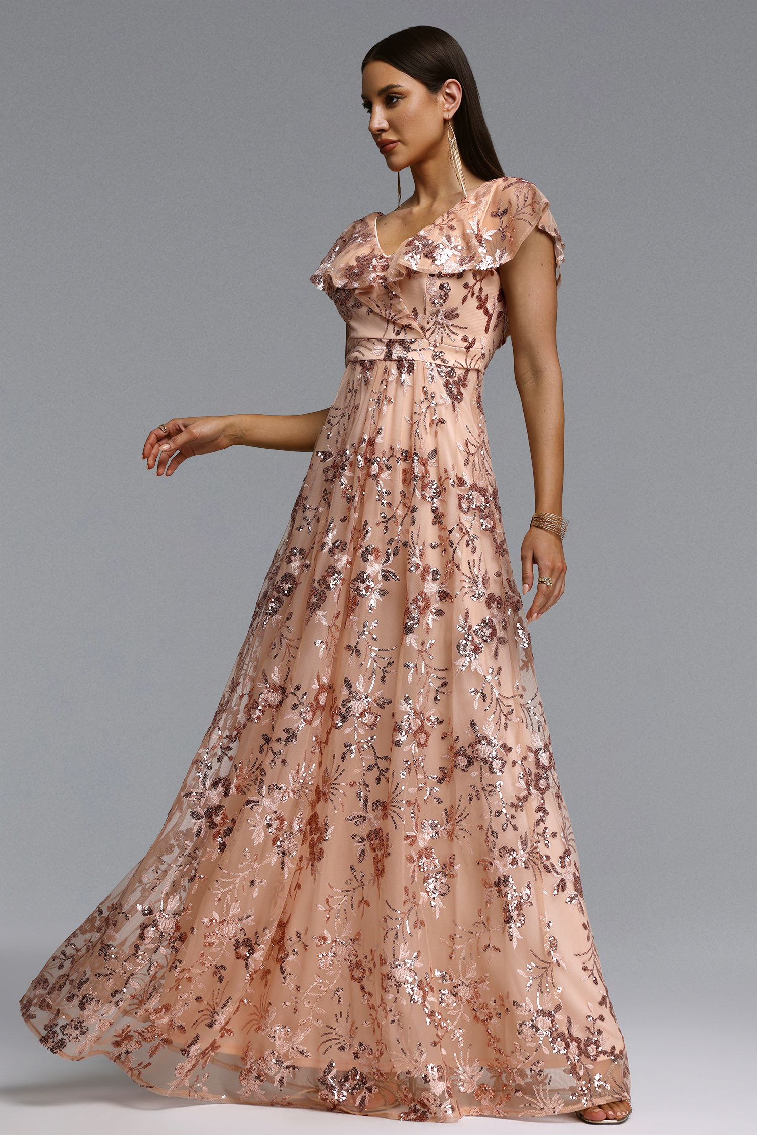Ona Elegant Flowy V Neck Floral Applique Maxi Dress