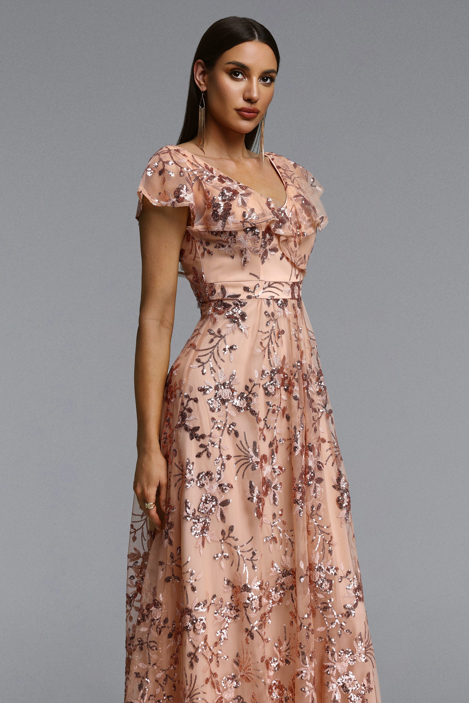 Ona Elegant Flowy V Neck Floral Applique Maxi Dress