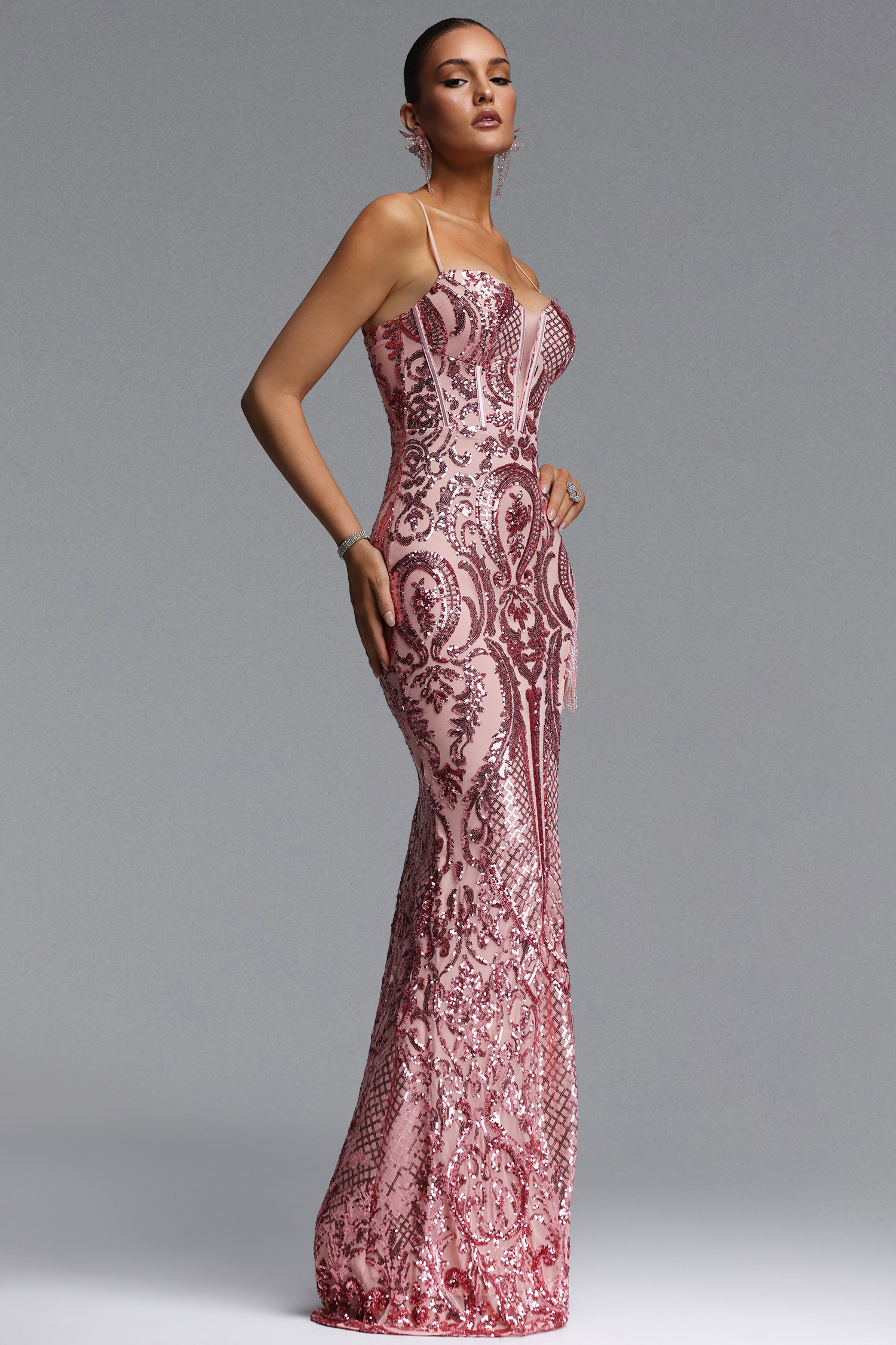 専用1 Fern Romantic Contour Deep V Sequin Pattern Maxi Dress – Bellabarnett