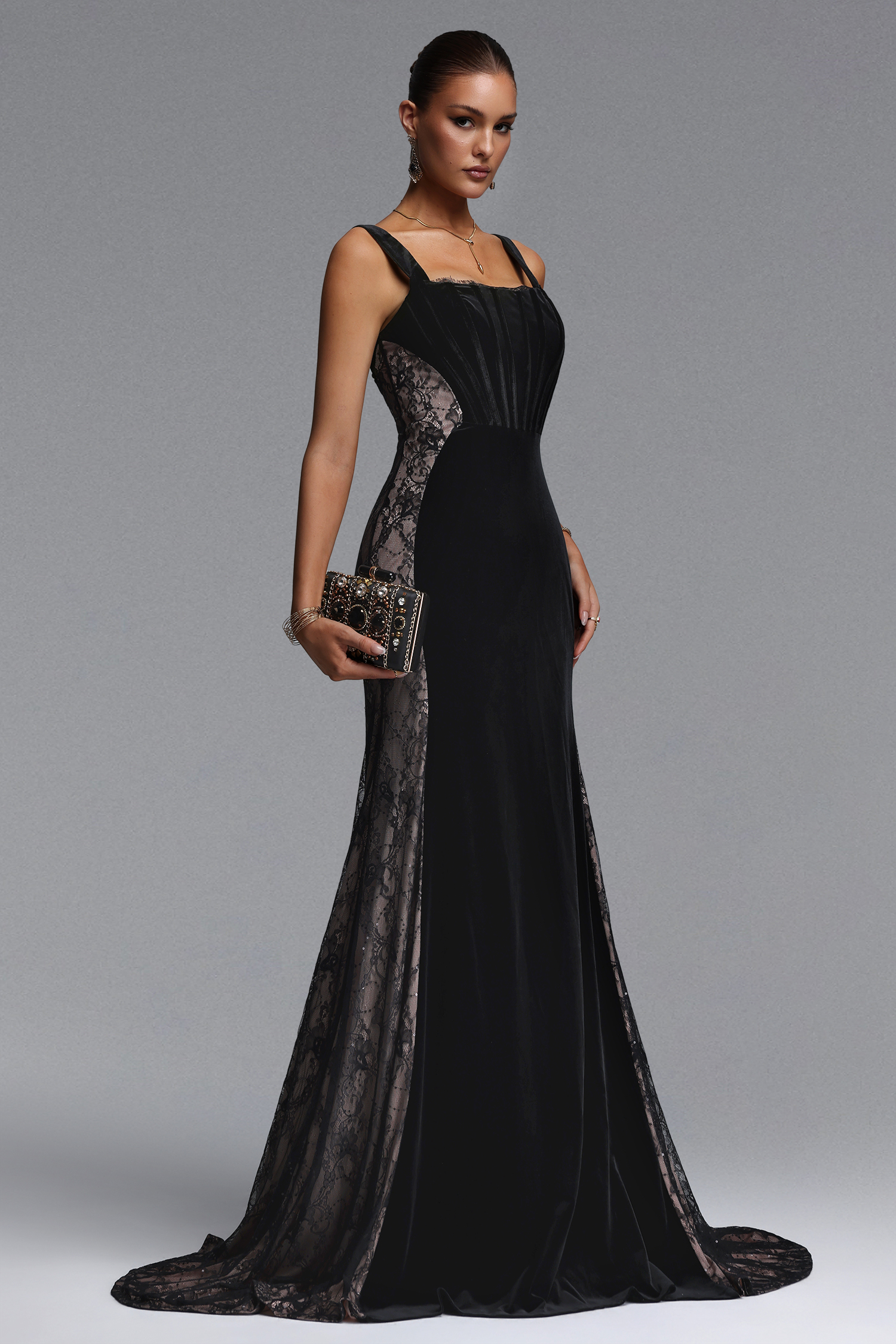 @*s Kavaca Elegant Contour Square Neck Lace Velvet Maxi Dress