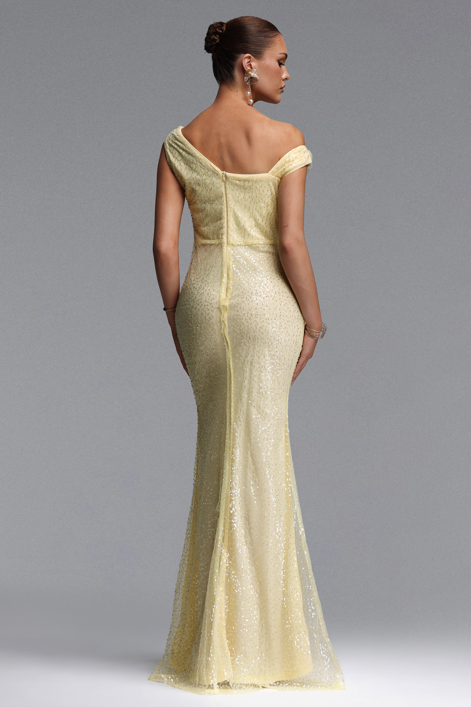 Selene Elegant Contour Off Shoulder Sheer Crystal Maxi Dress