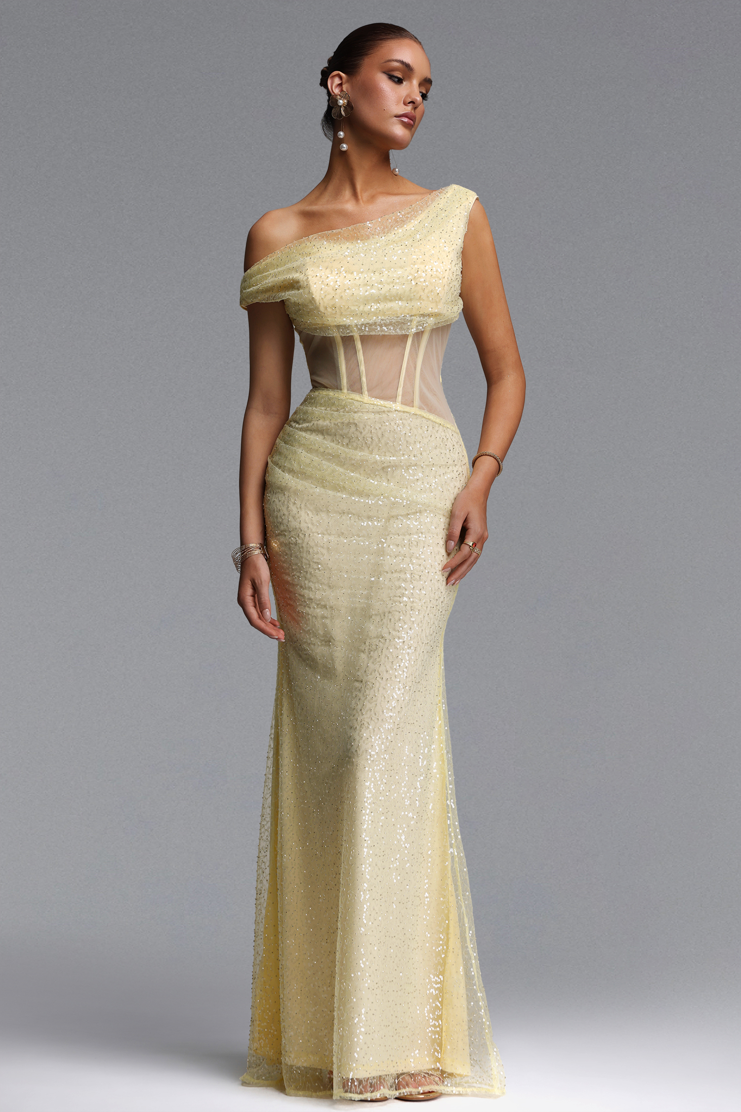 ハナ Selene Elegant Contour Off Shoulder Sheer Crystal Maxi Dress