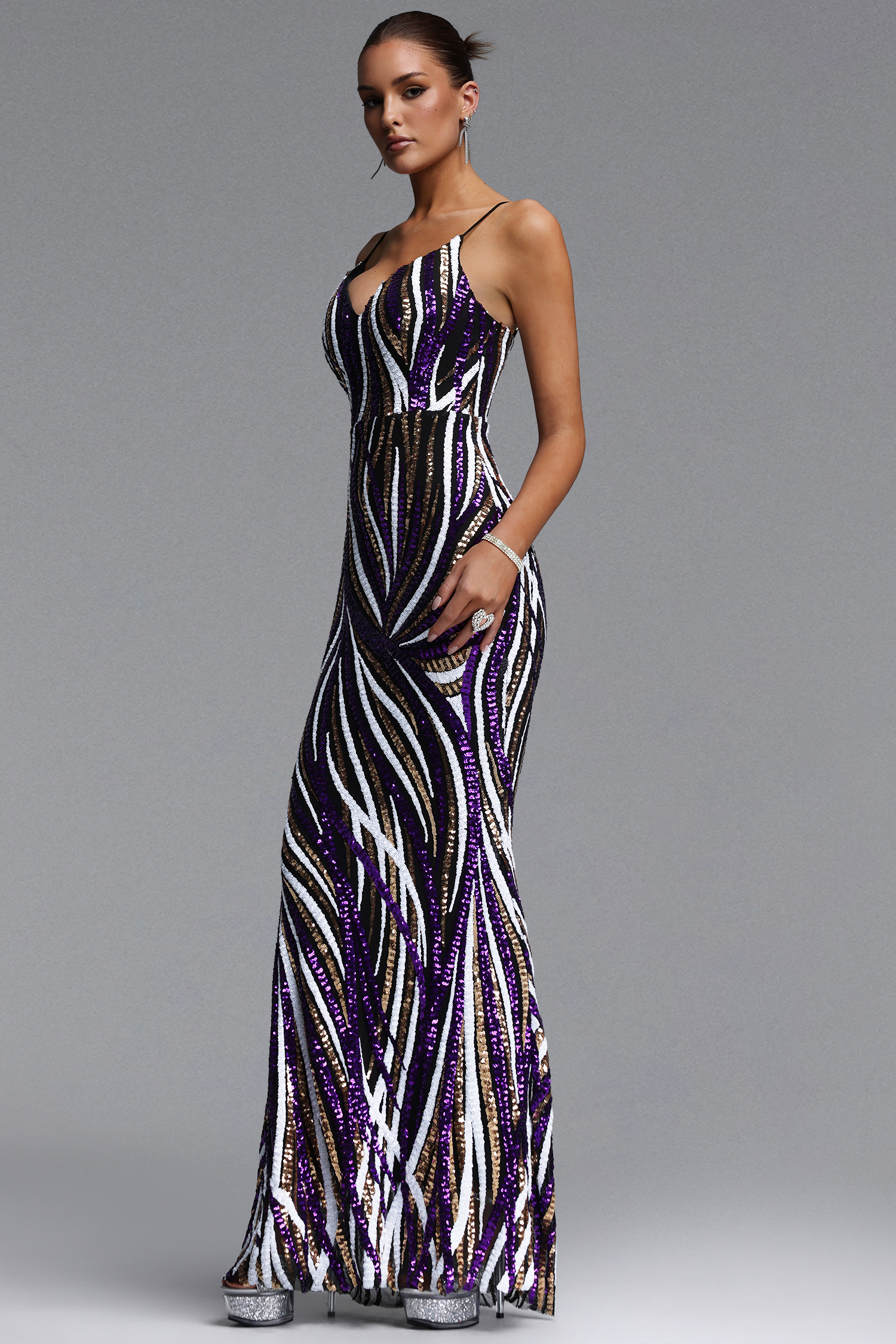 Sarna Chic Contour V Neck Sequin Stripe Maxi Dress – Bellabarnett