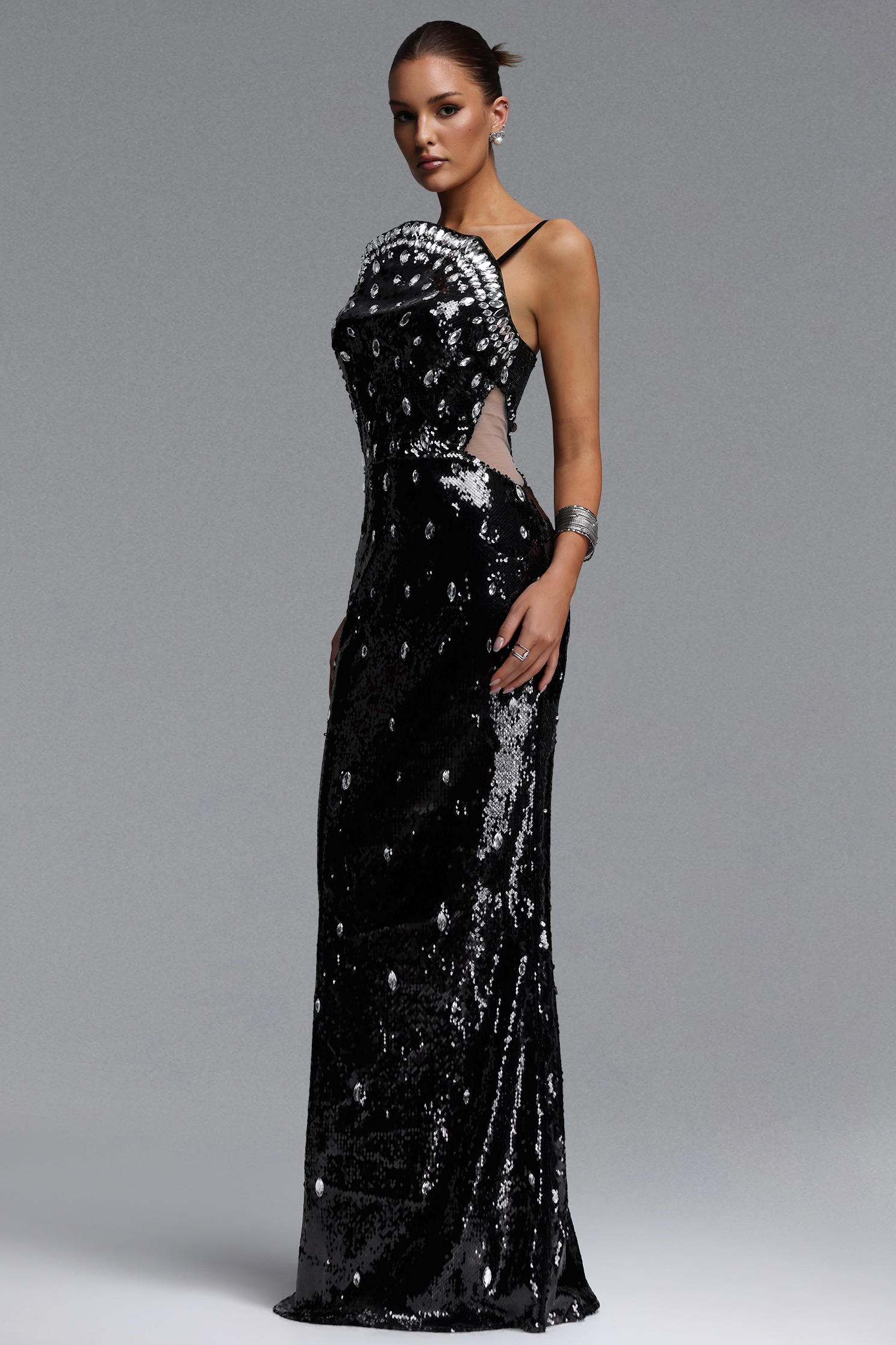 Lany Glamorous Tailored Cut Out Rhinestone Sequin Maxi Dress