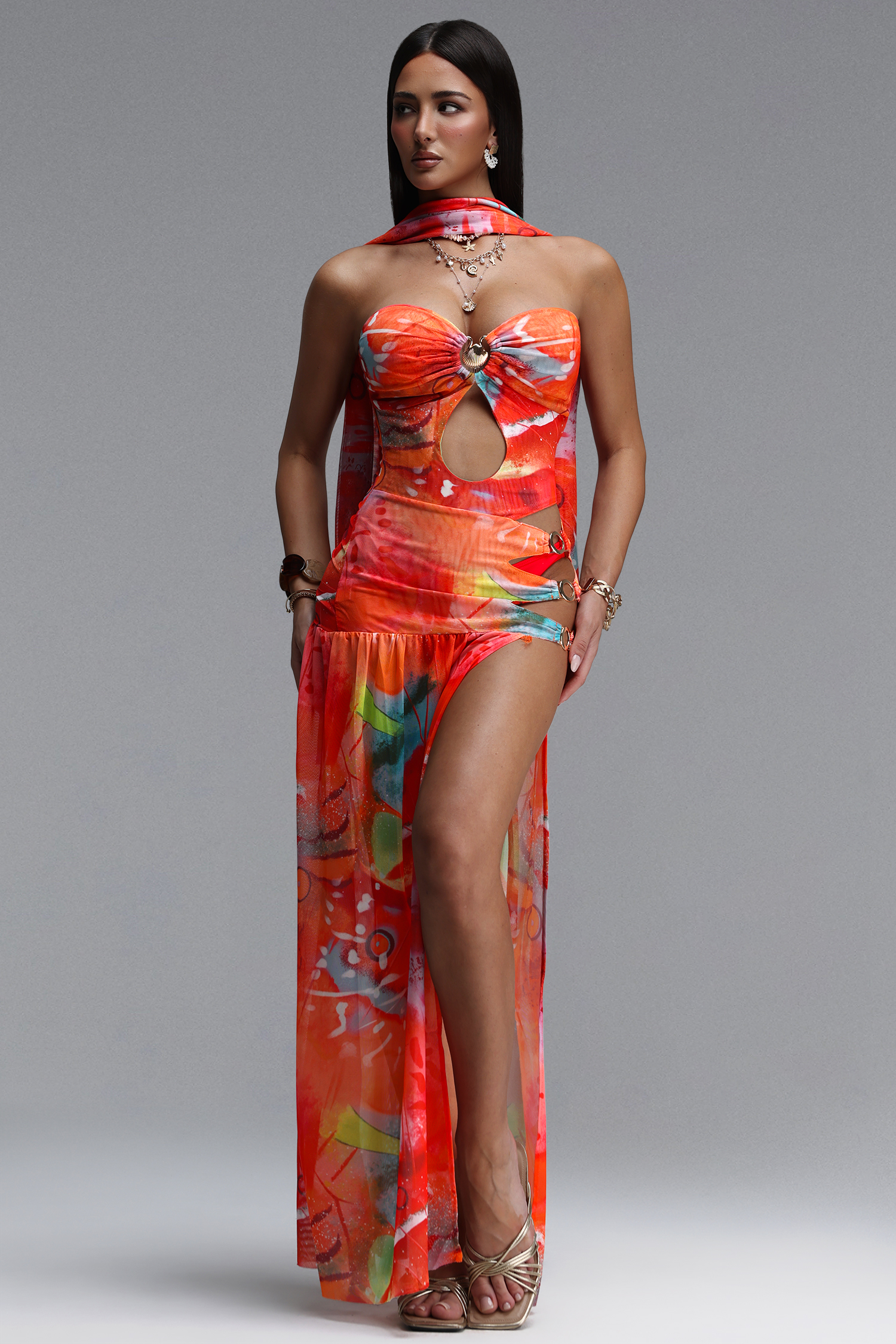 Rago Resort Flowy Sleeveless Cut Out High Slit Print Woven Swimsuit Maxi Dress