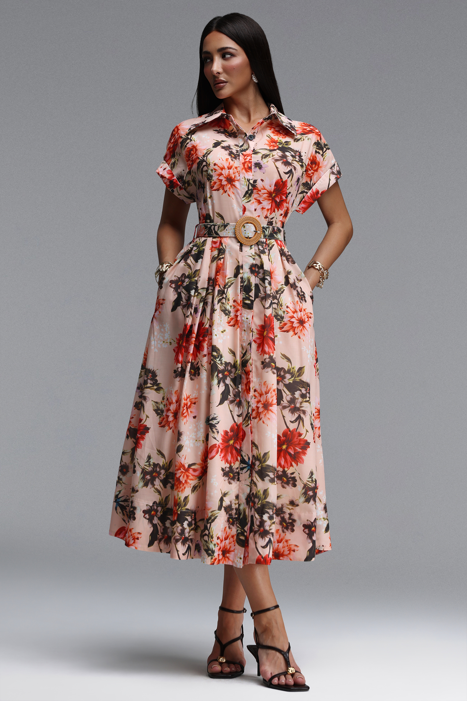 Xynia Resort Flowy Short Sleeve Floral Print Woven Maxi Dress