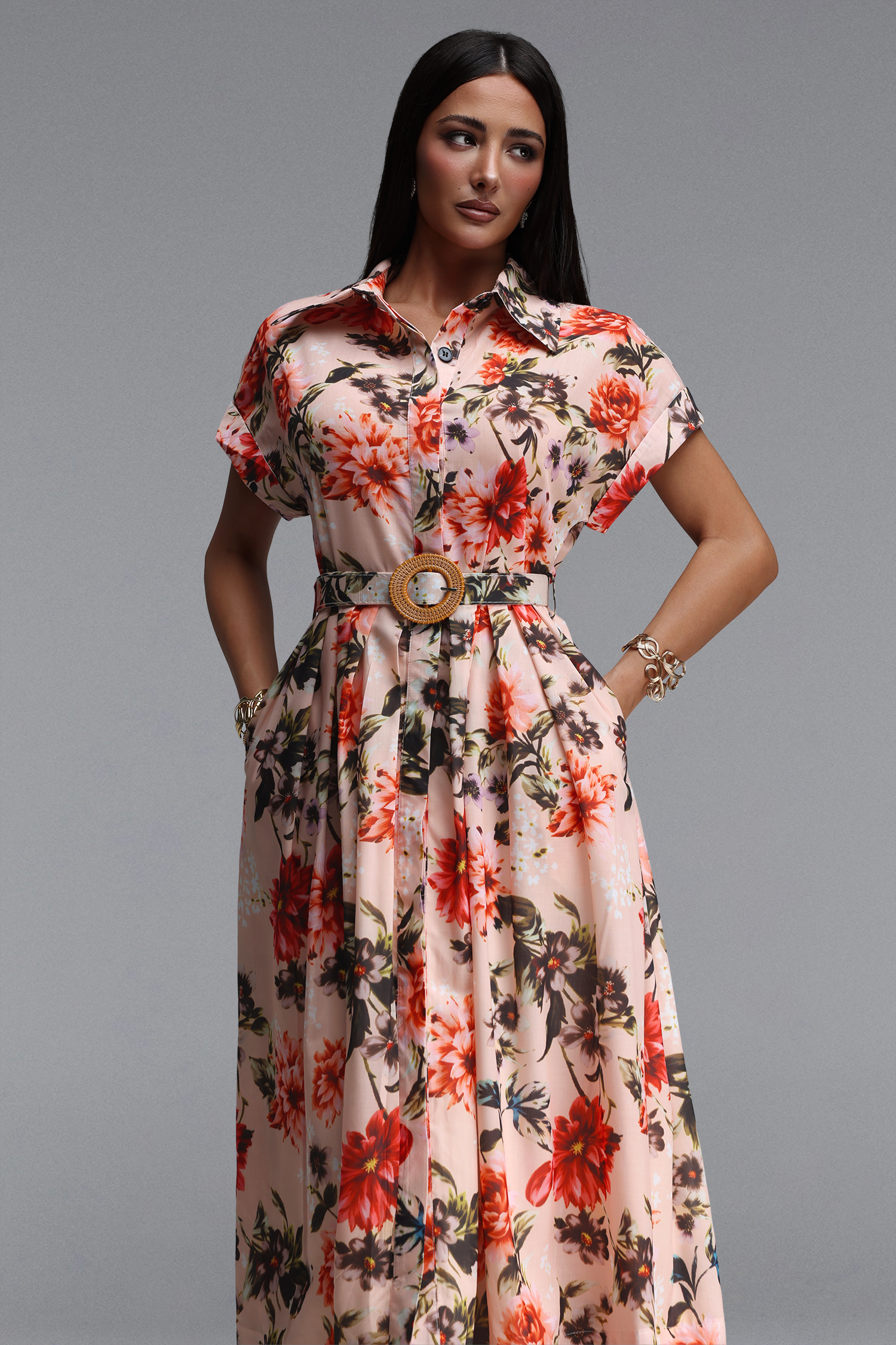 Xynia Resort Flowy Short Sleeve Floral Print Woven Maxi Dress