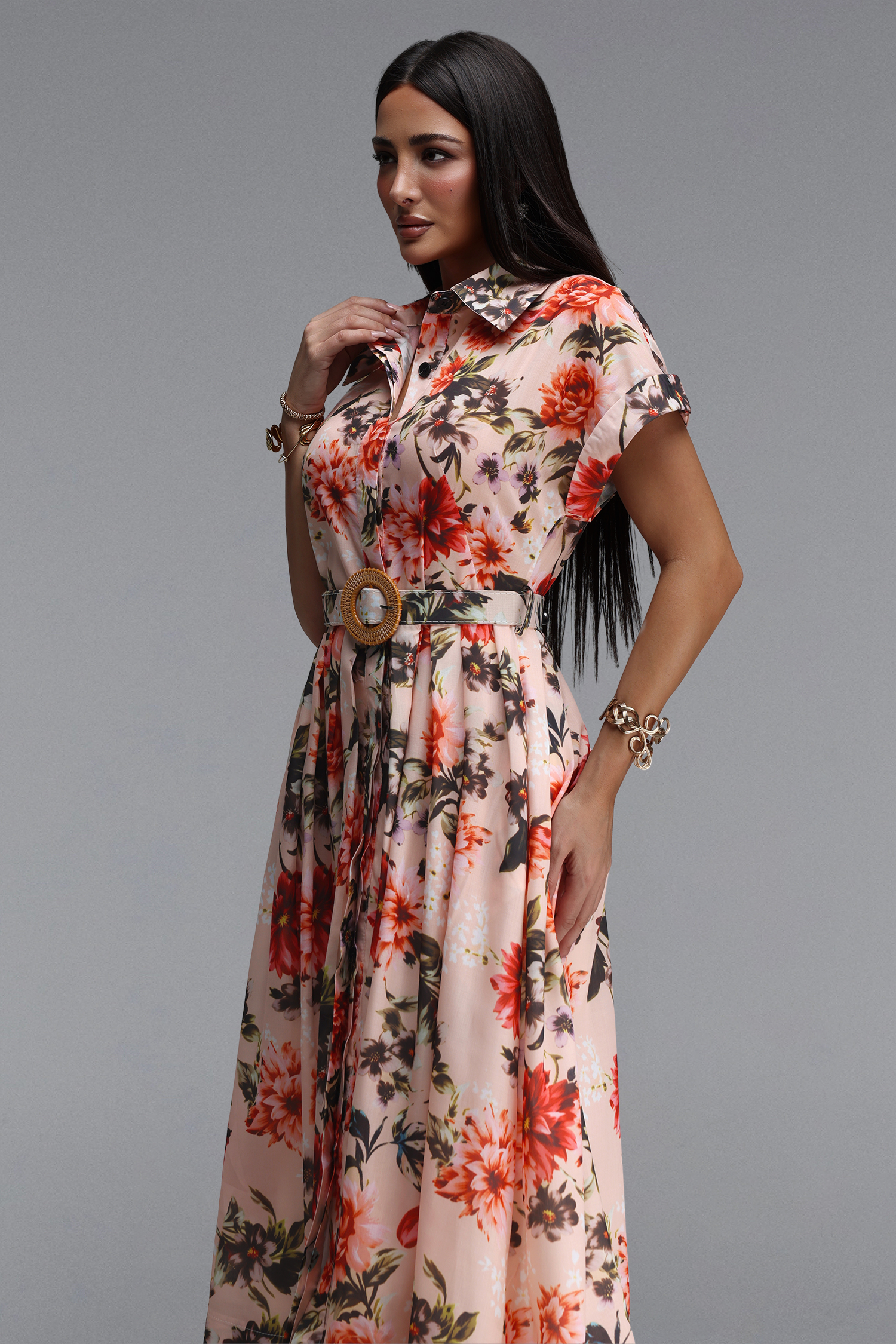 Xynia Resort Flowy Short Sleeve Floral Print Woven Maxi Dress