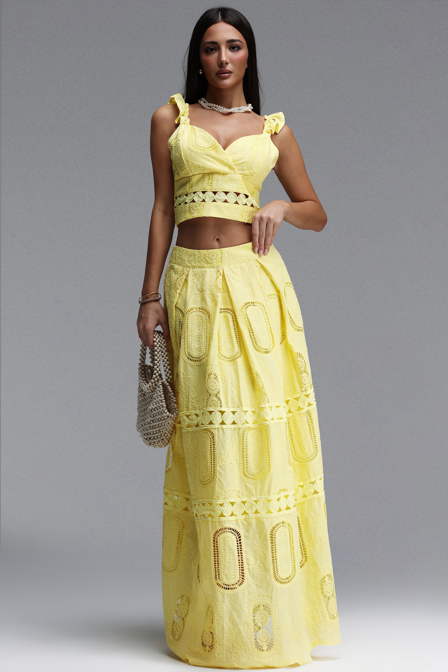 Lali Resort Flowy V Neck Sleeveless Ruffle Woven Yellow Top and Skirt Two Piece Set