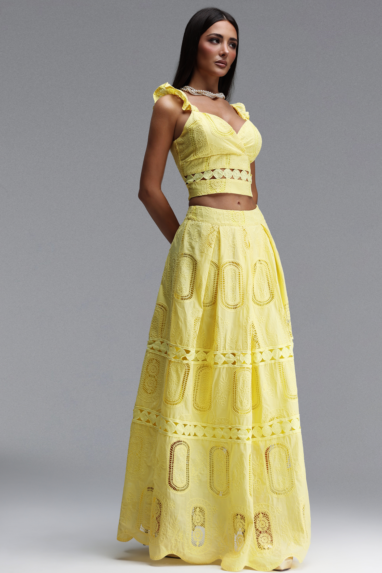 Lali Resort Flowy V Neck Sleeveless Ruffle Woven Yellow Top and Skirt Two Piece Set