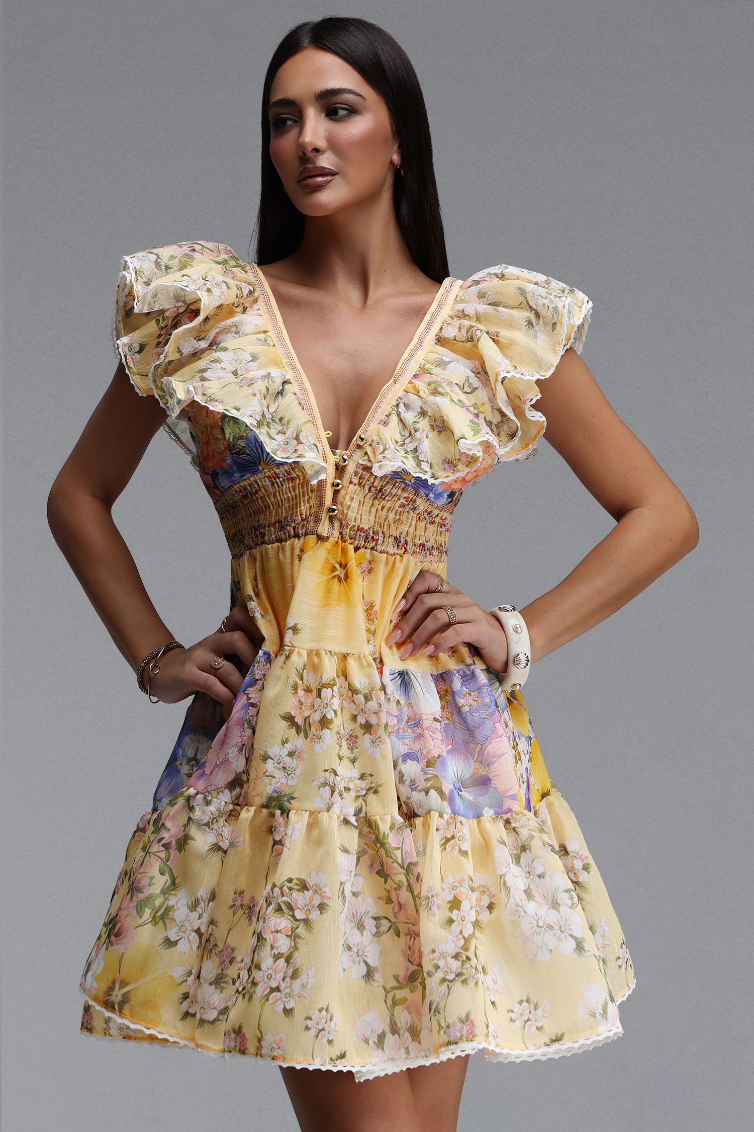 Ueza Resort Flowy Sleeveless Ruffle Floral Print Woven Mini Dress