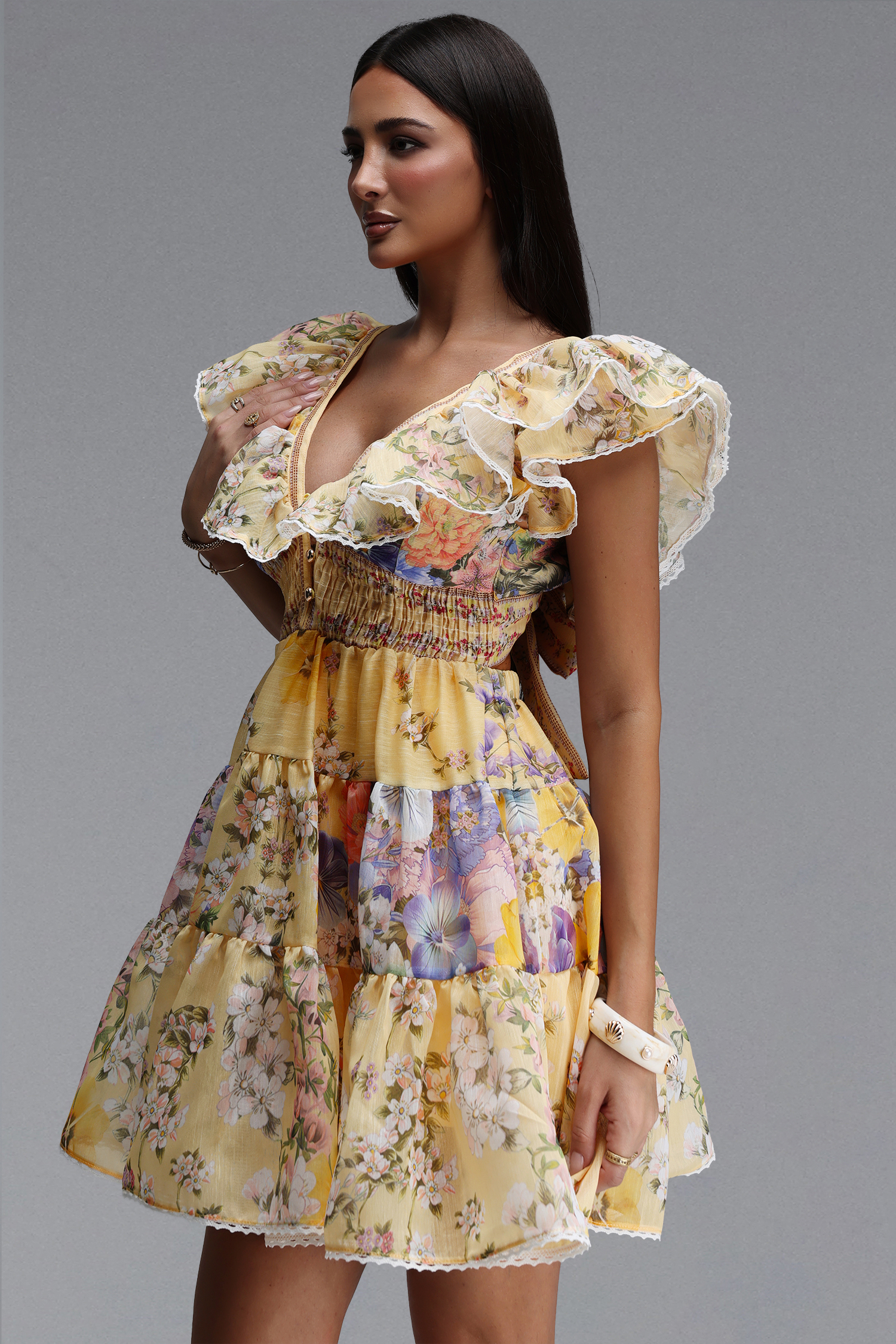 Ueza Resort Flowy Sleeveless Ruffle Floral Print Woven Mini Dress
