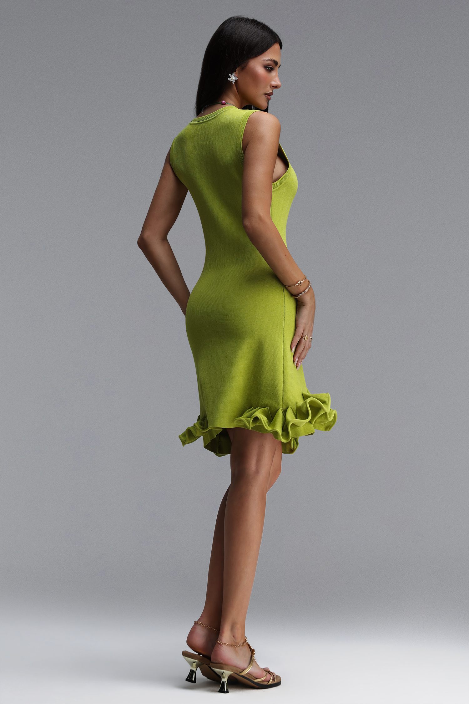 Tesare Resort Contour Round Neck Sleeveless Ruffle Knit Mini Dress
