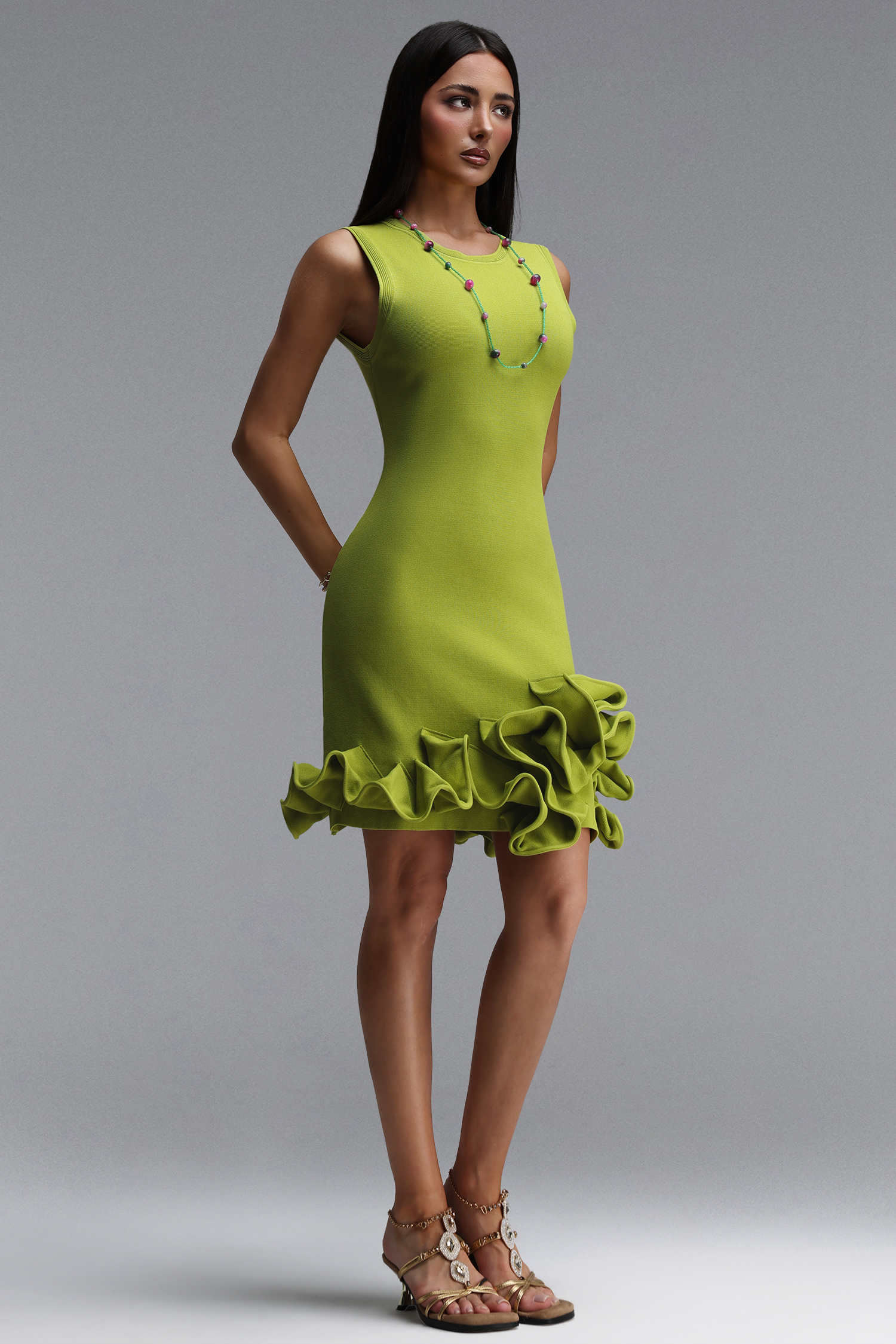Tesare Resort Contour Round Neck Sleeveless Ruffle Knit Mini Dress