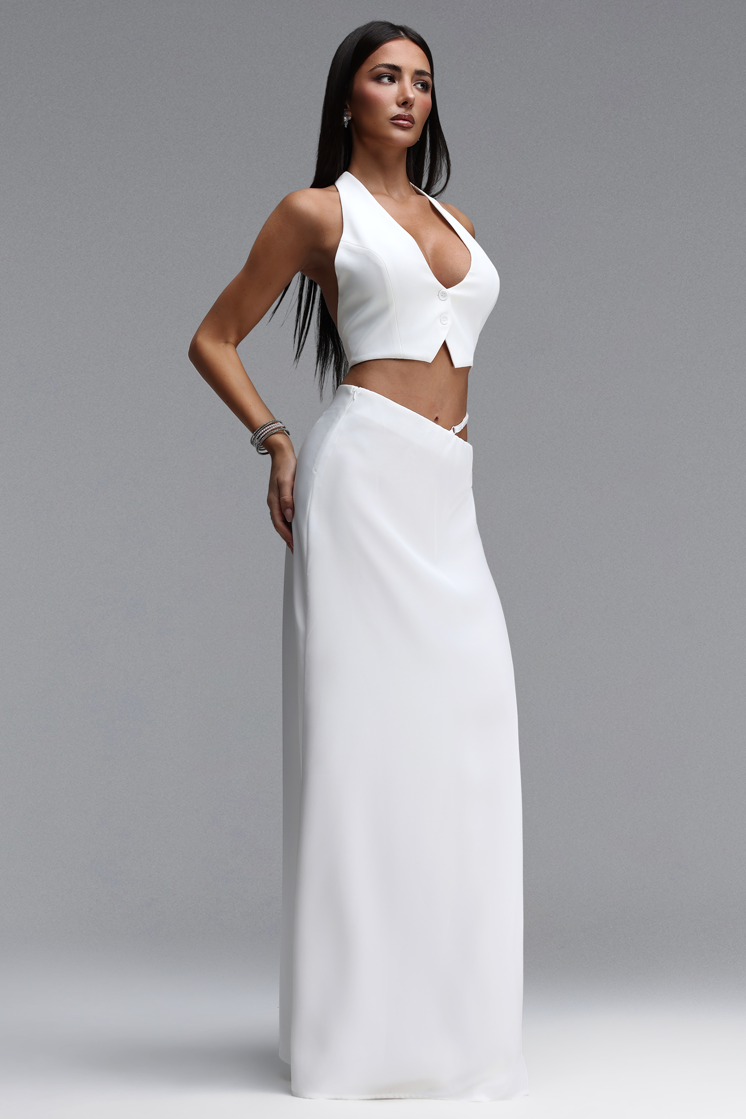 Matne Elegant Tailored Sleeveless Cut Out Woven Top and Skirt Two Piece Set