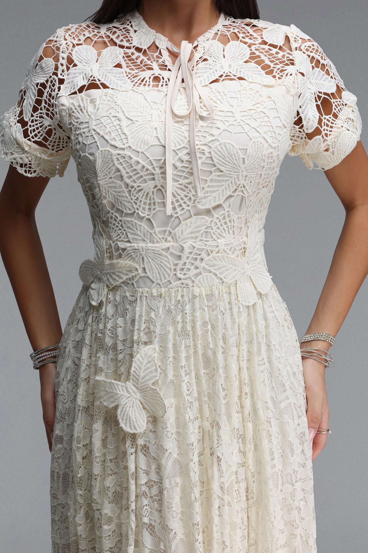 Taffy Elegant Cinched Short Sleeve Butterfly Floral Lace Maxi Dress