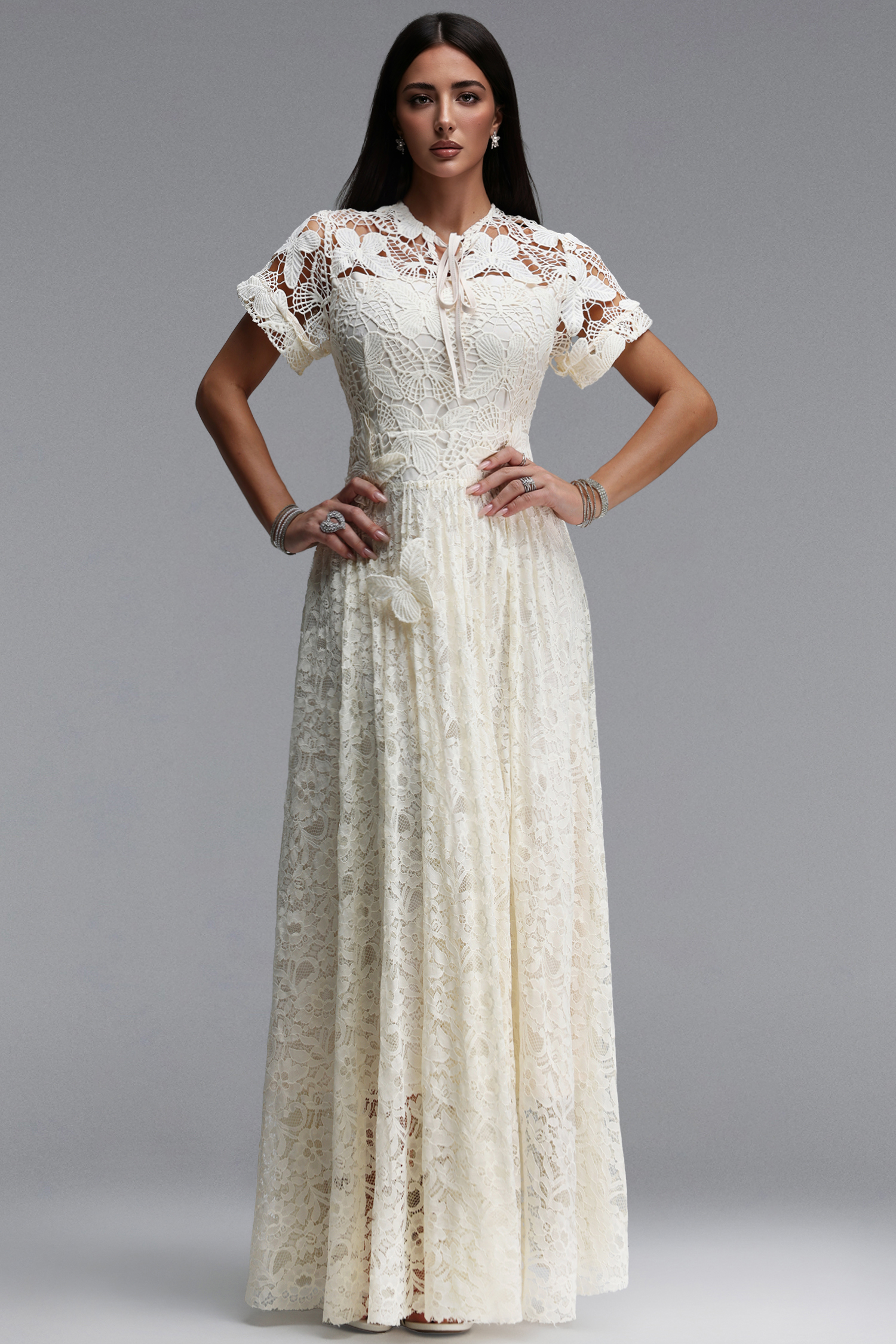 yok様 Taffy Elegant Cinched Short Sleeve Butterfly Floral Lace Maxi