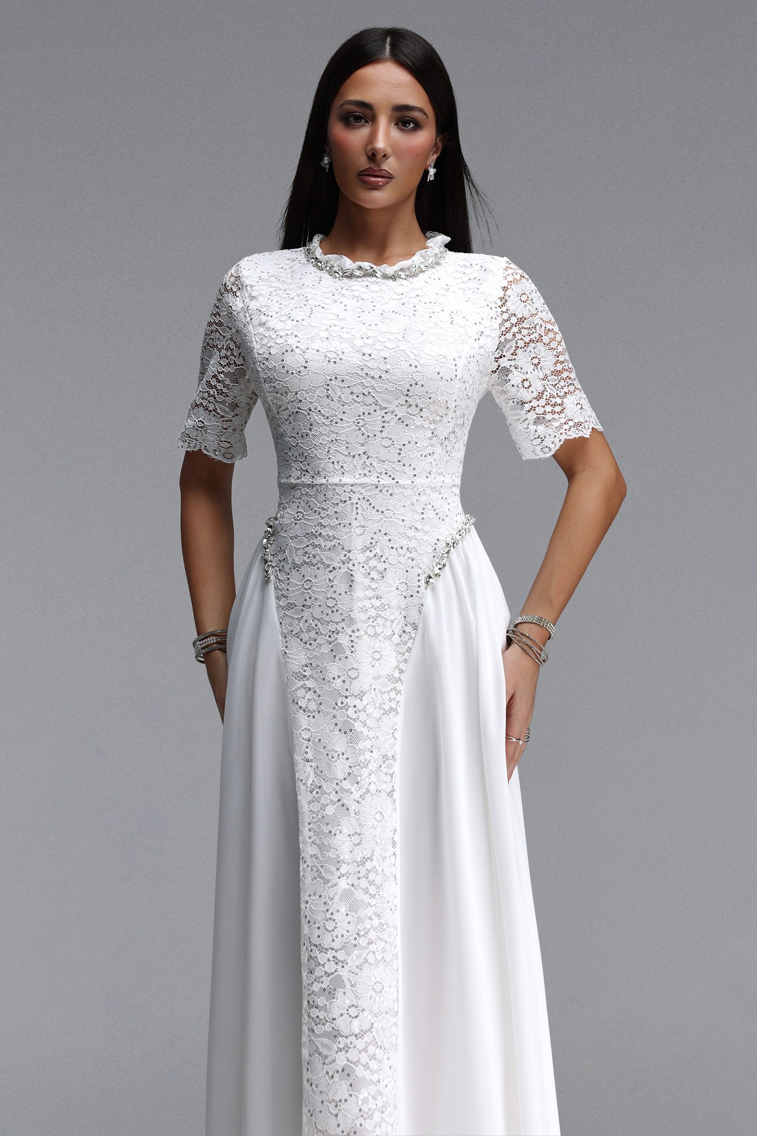 Tureal Elegant Tailored Short Sleeve Floral Lace Maxi Dress