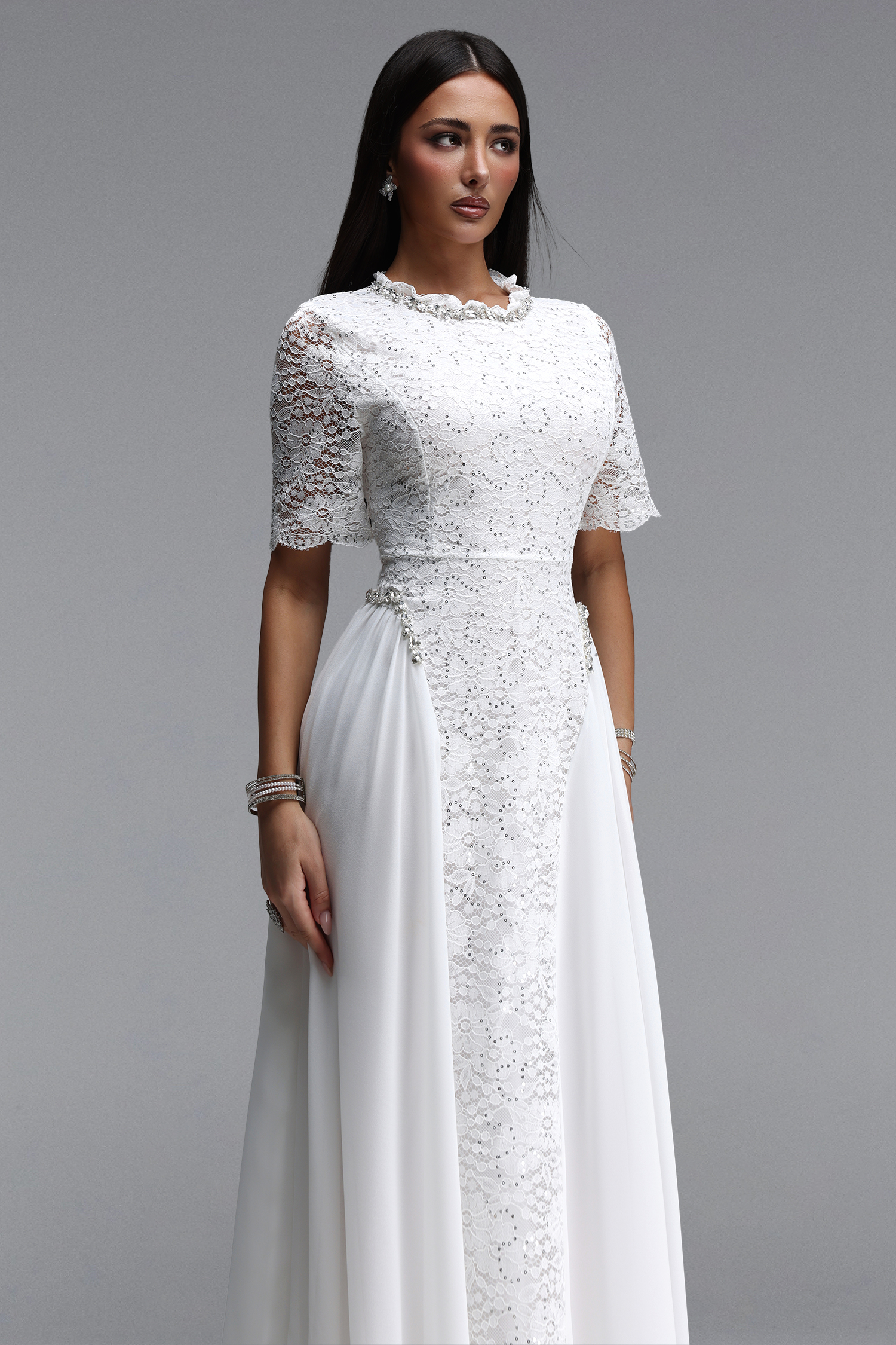 Tureal Elegant Tailored Short Sleeve Floral Lace Maxi Dress