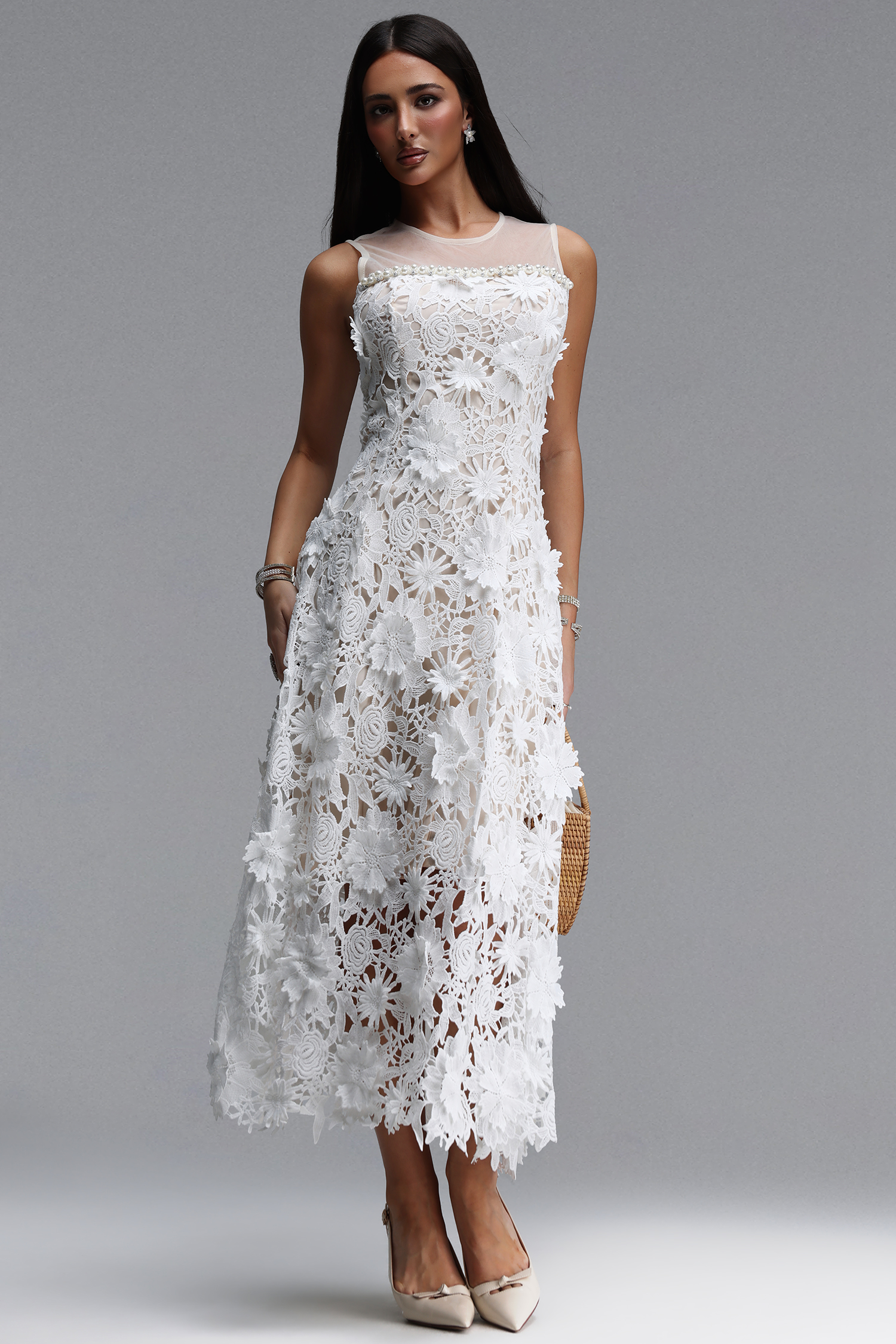Jikisy Elegant Tailored Sleeveless Pearl Floral Lace Maxi Dress