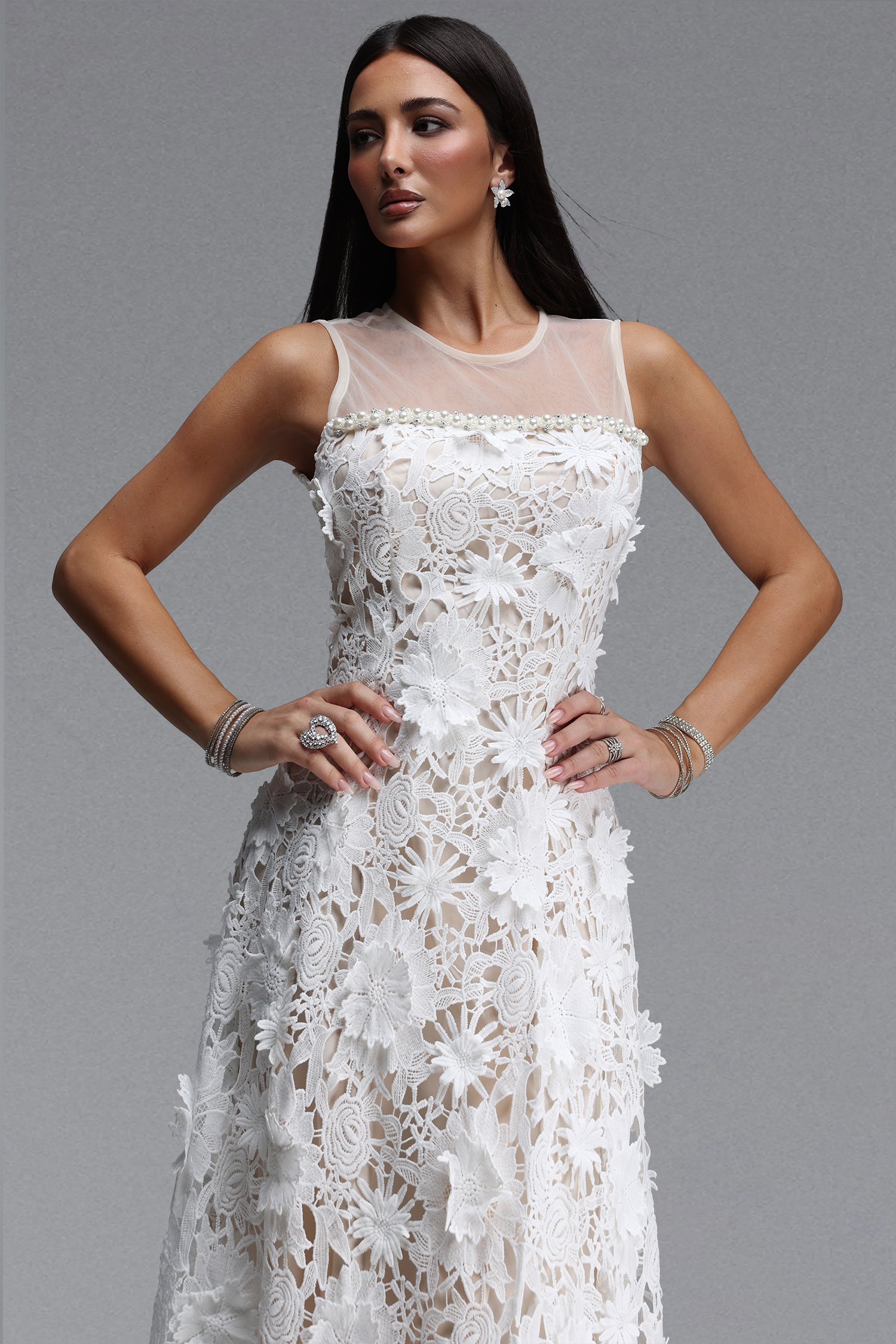 Jikisy Elegant Tailored Sleeveless Pearl Floral Lace Maxi Dress