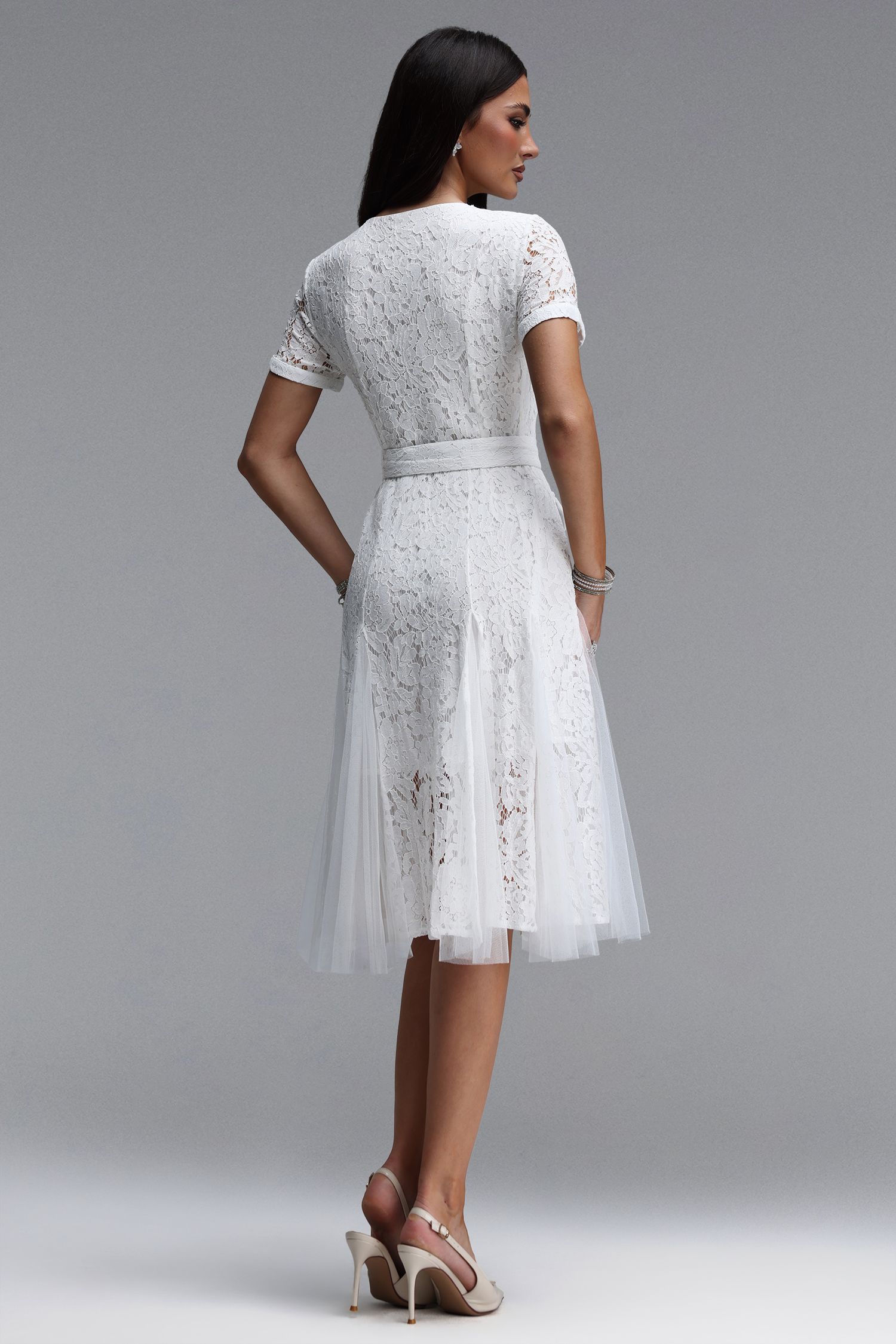Kanma Elegant Tailored V Neck Short Sleeve Lace Midi Dress