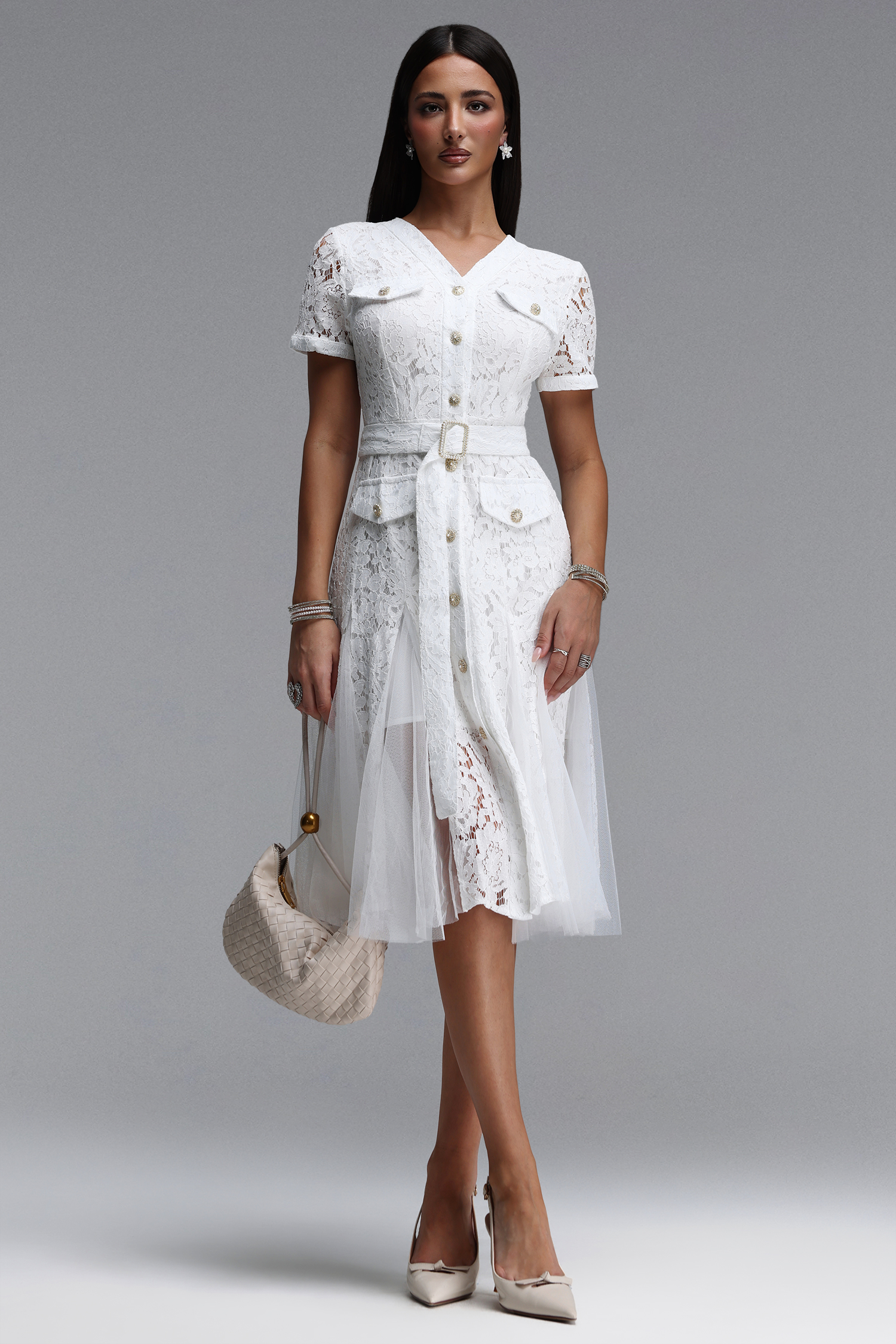 Kanma Elegant Tailored V Neck Short Sleeve Lace Midi Dress