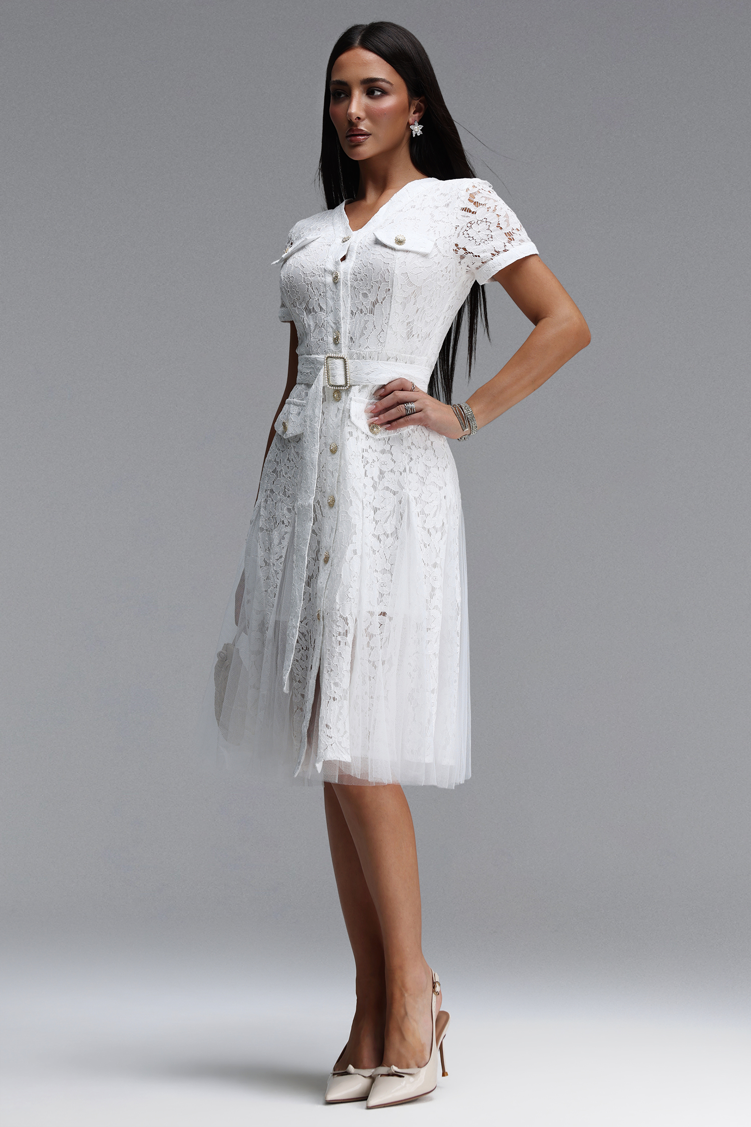 Kanma Elegant Tailored V Neck Short Sleeve Lace Midi Dress