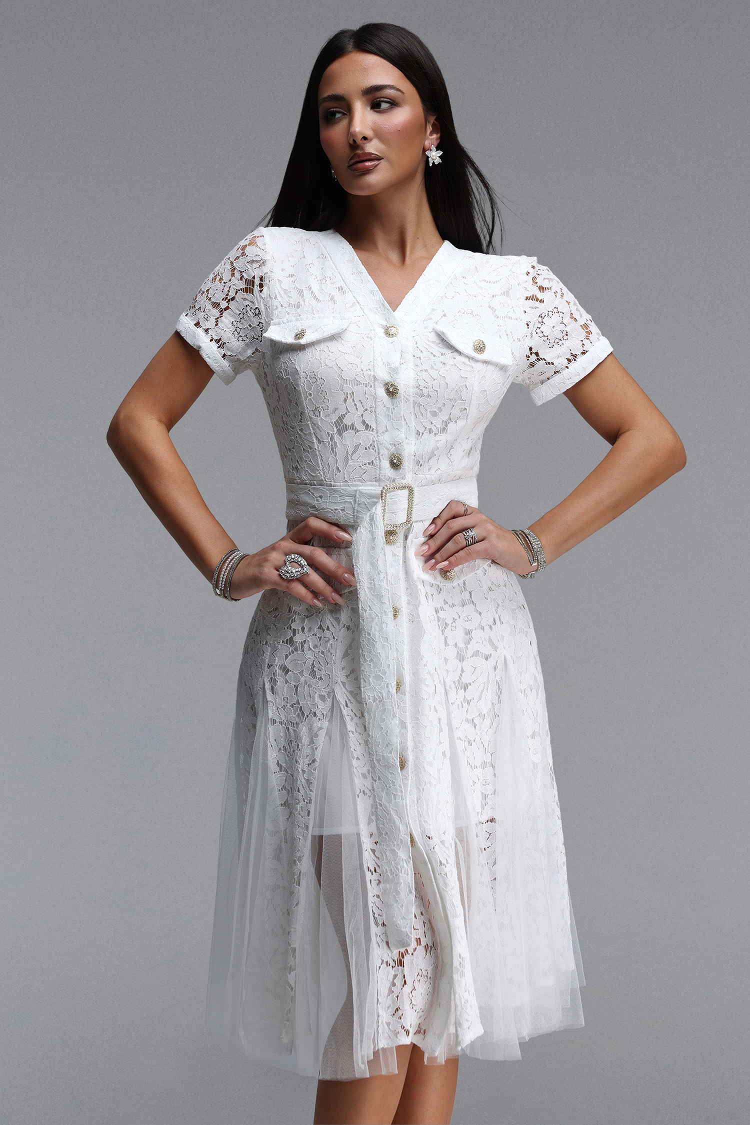 Kanma Elegant Tailored V Neck Short Sleeve Lace Midi Dress