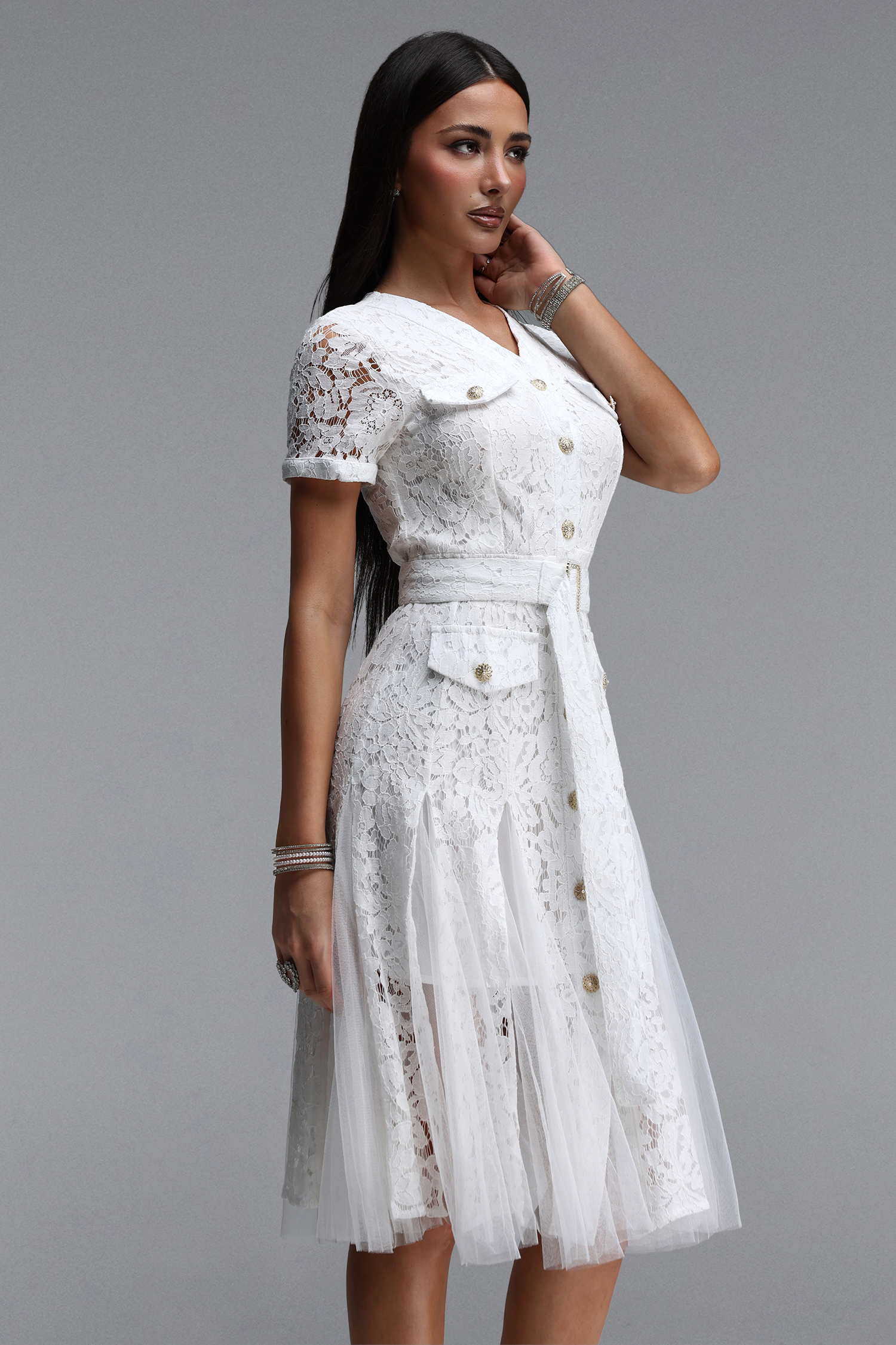 Kanma Elegant Tailored V Neck Short Sleeve Lace Midi Dress