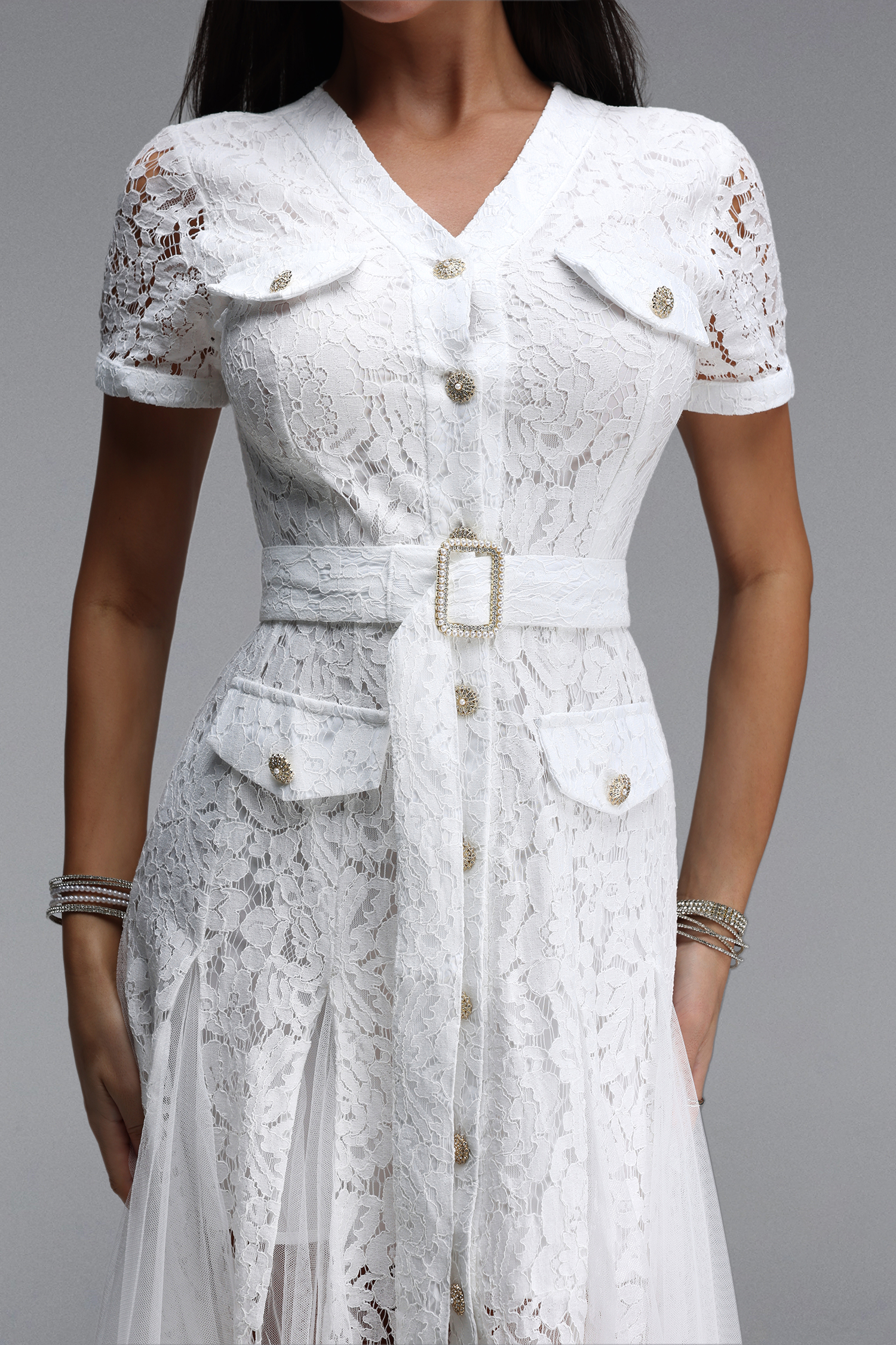 Kanma Elegant Tailored V Neck Short Sleeve Lace Midi Dress