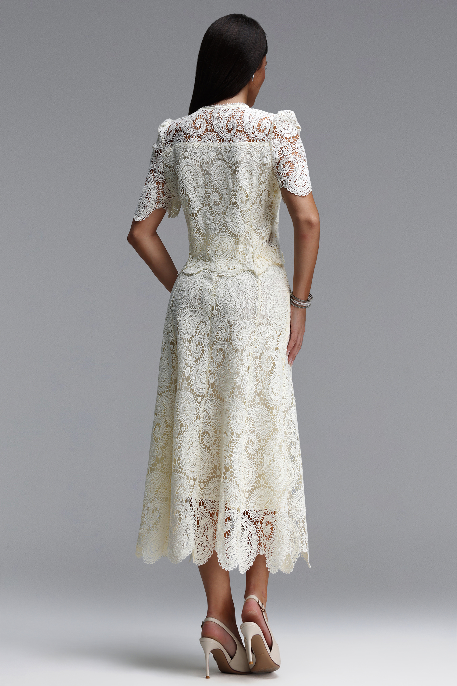 Erryn Elegant Tailored Short Sleeve Pearl Lace Top and Skirt Two Piece Set
