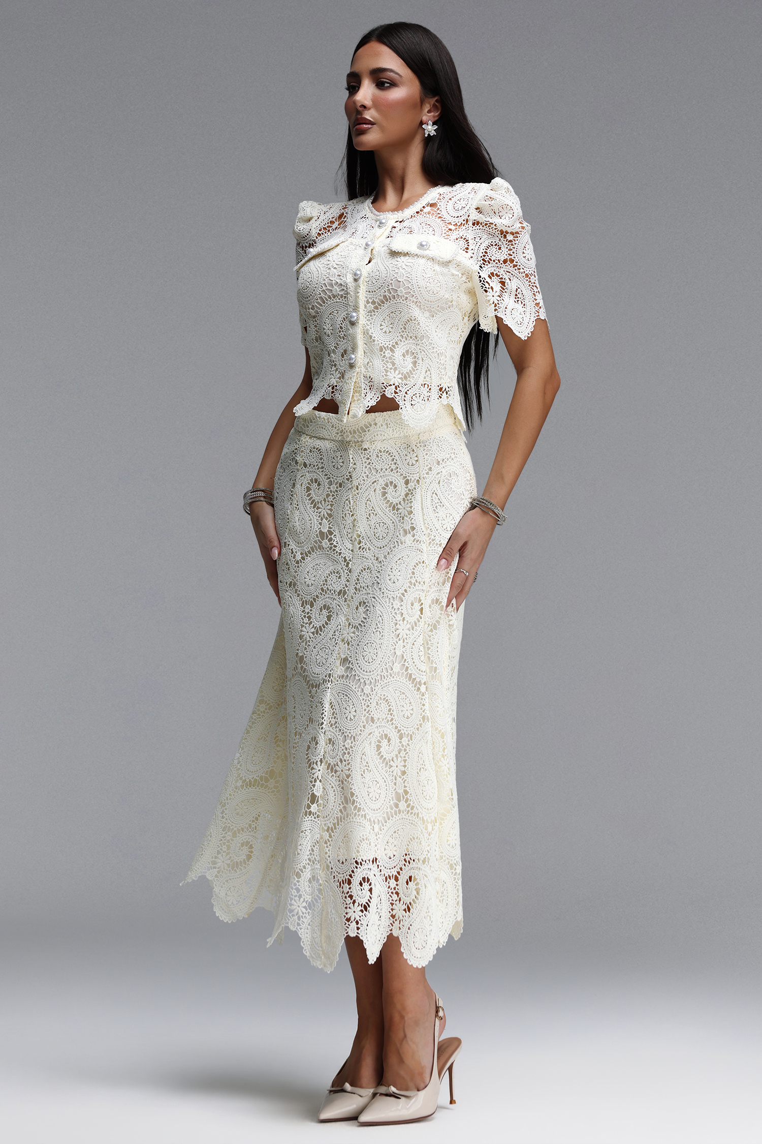 Erryn Elegant Tailored Short Sleeve Pearl Lace Top and Skirt Two Piece Set