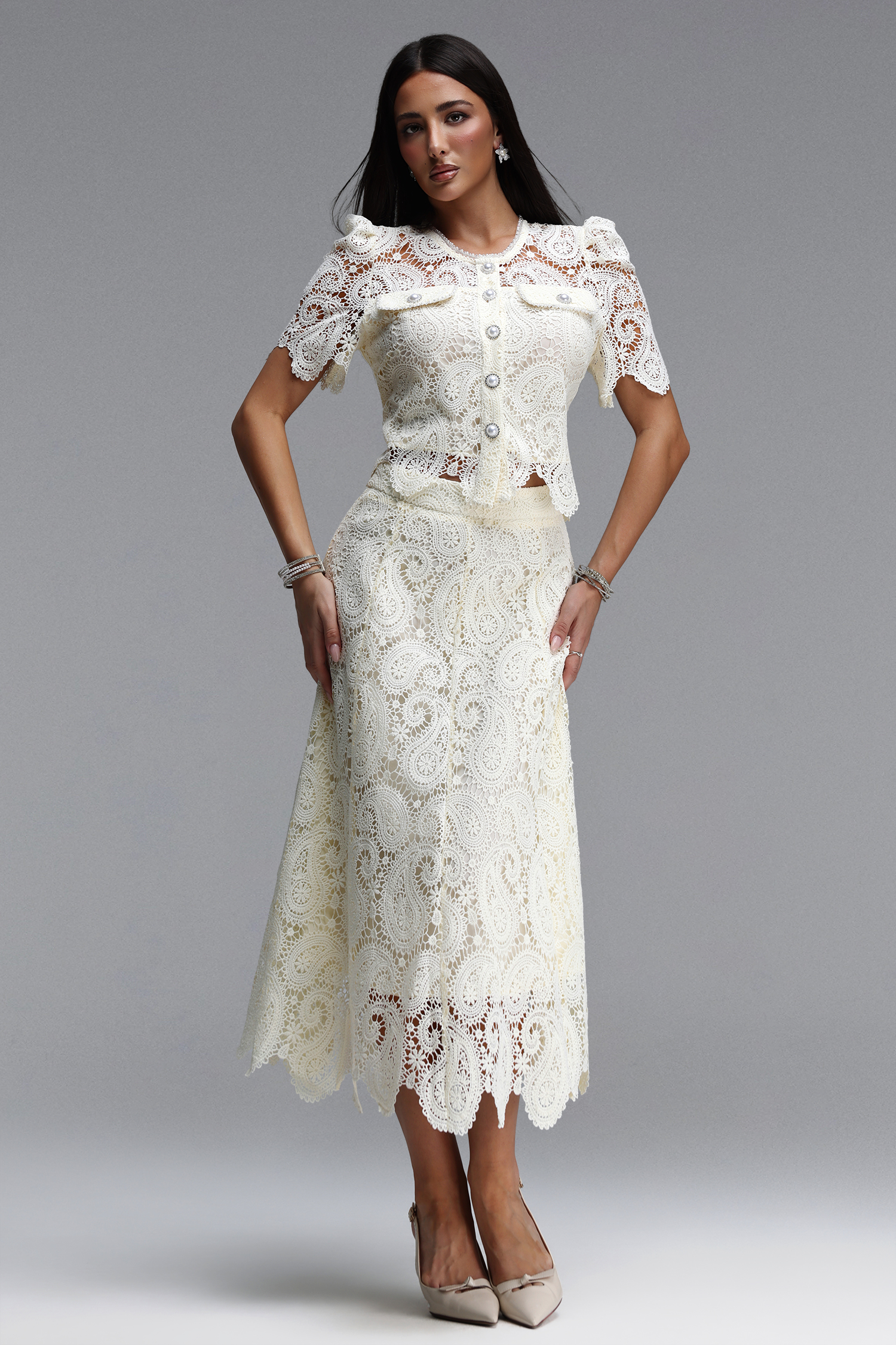 Erryn Elegant Tailored Short Sleeve Pearl Lace Top and Skirt Two Piece Set