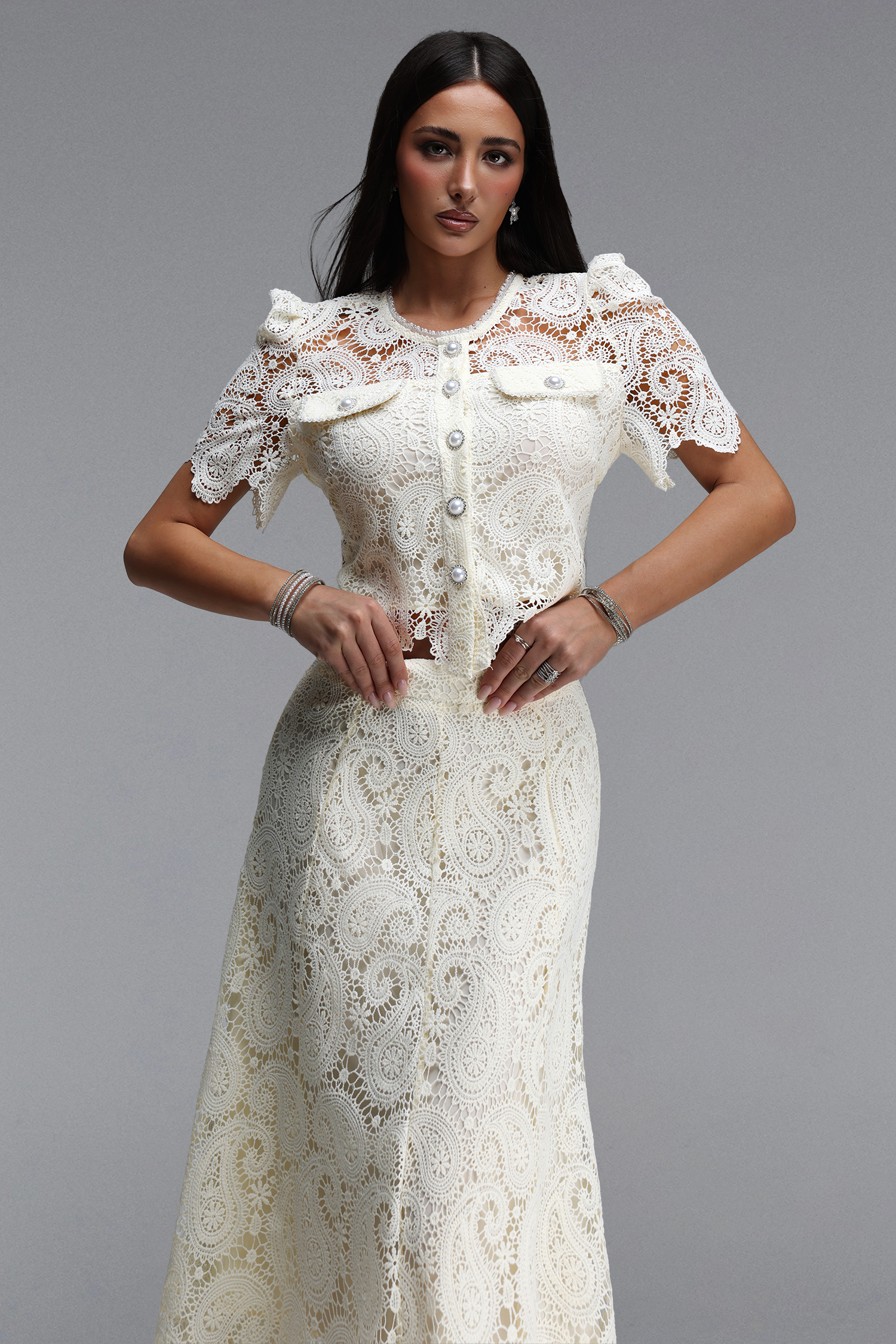 Erryn Elegant Tailored Short Sleeve Pearl Lace Top and Skirt Two Piece Set