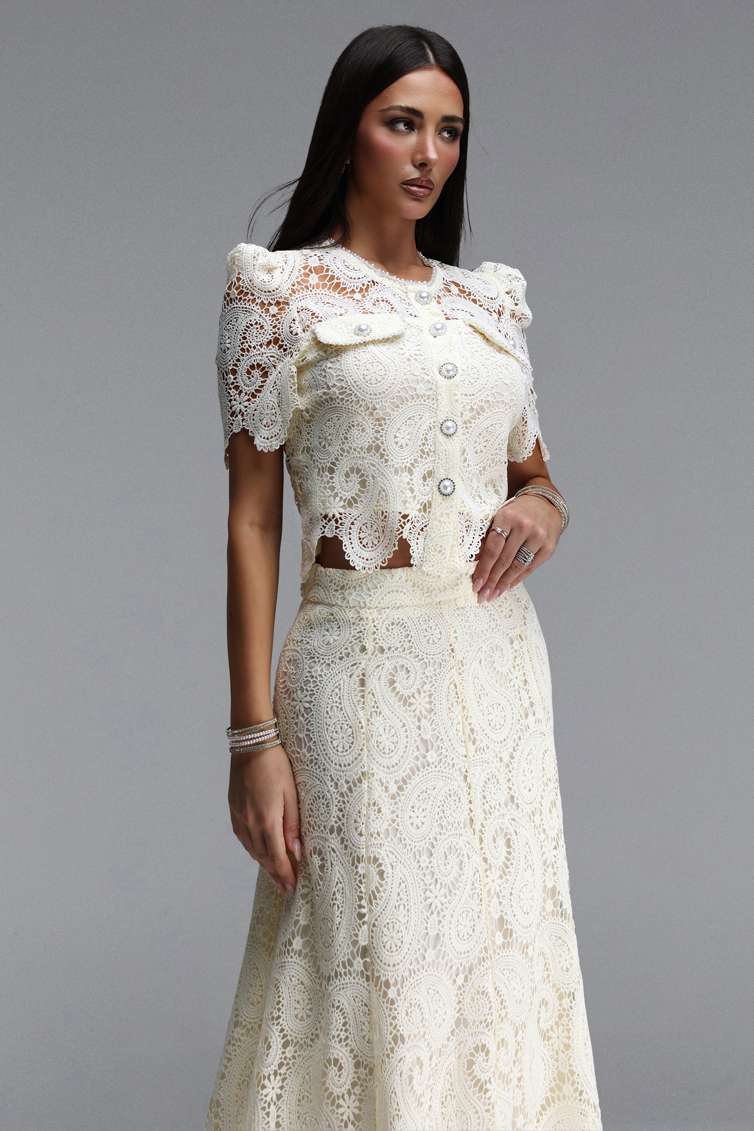 Erryn Elegant Tailored Short Sleeve Pearl Lace Top and Skirt Two Piece Set