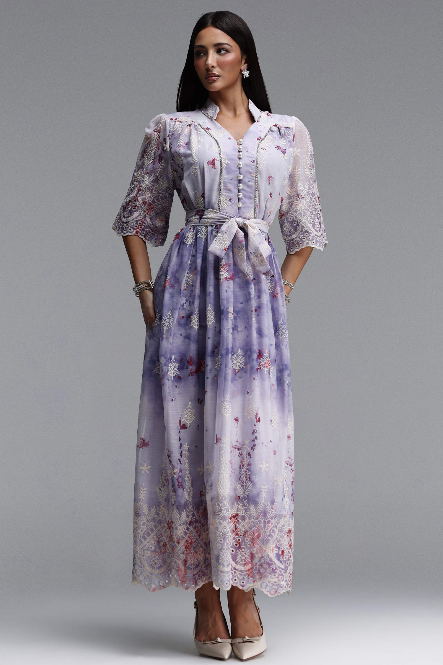 Ganaba Resort Flowy Short Sleeve Floral Print Woven Maxi Dress
