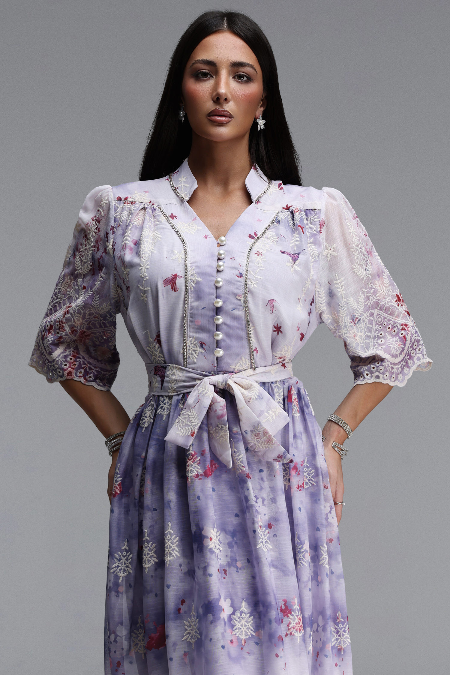 Ganaba Resort Flowy Short Sleeve Floral Print Woven Maxi Dress