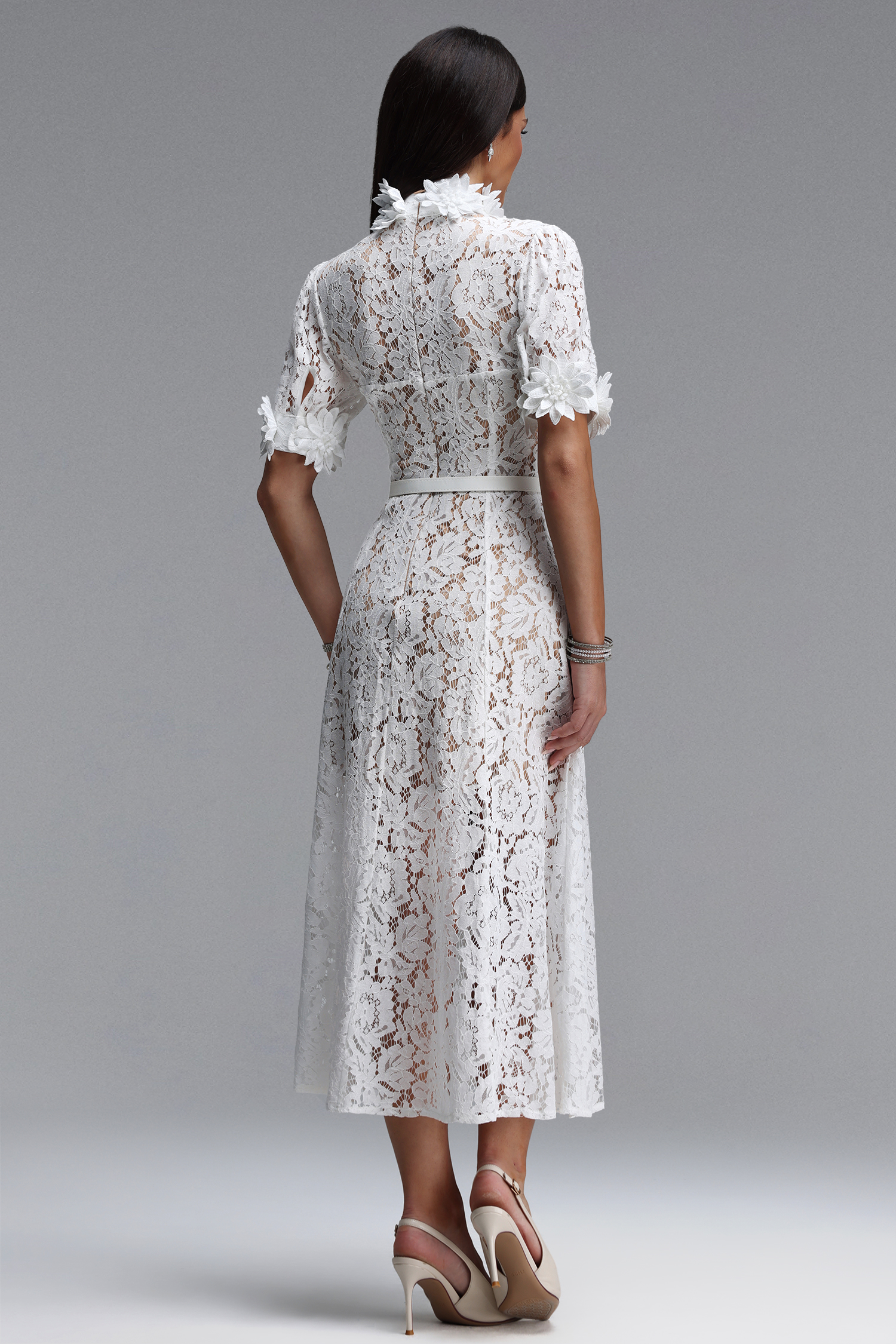 Tusare Elegant Tailored Short Sleeve Floral Lace Maxi Dress